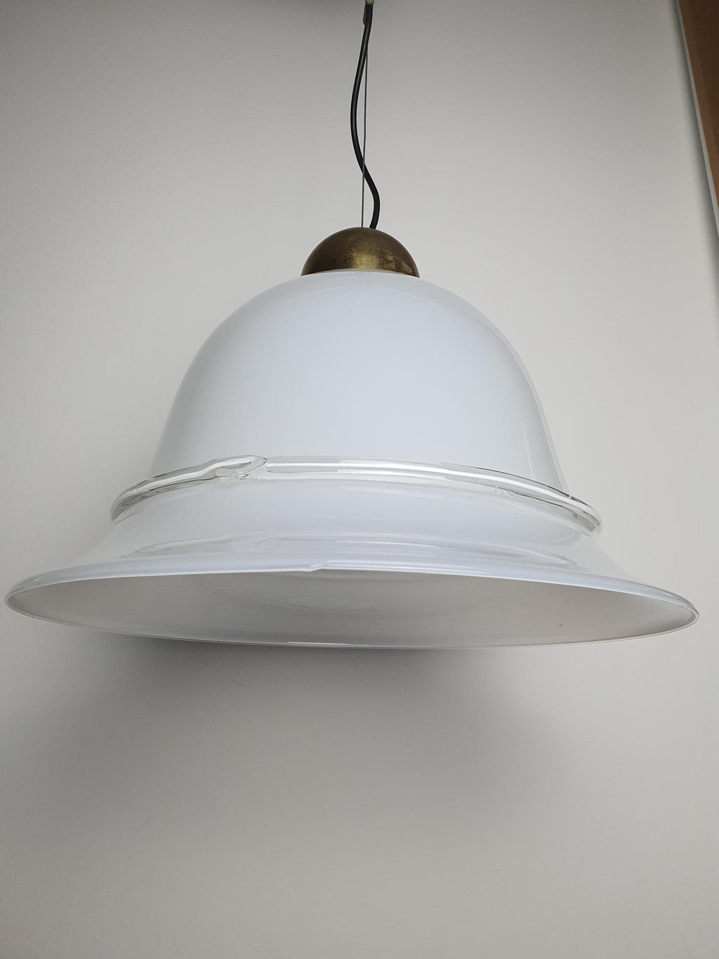 Vintage Murano Glass White Bell Pendant Light with Clear Bow Detail