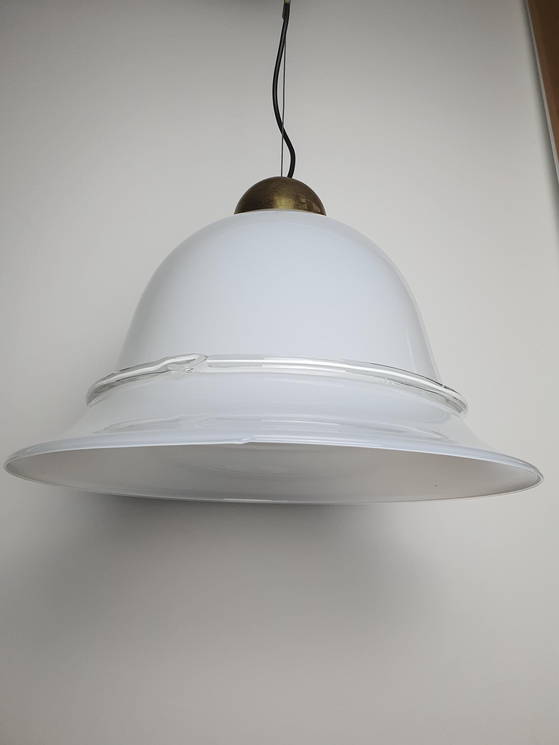 Vintage Murano Glass White Bell Pendant Light with Clear Bow Detail