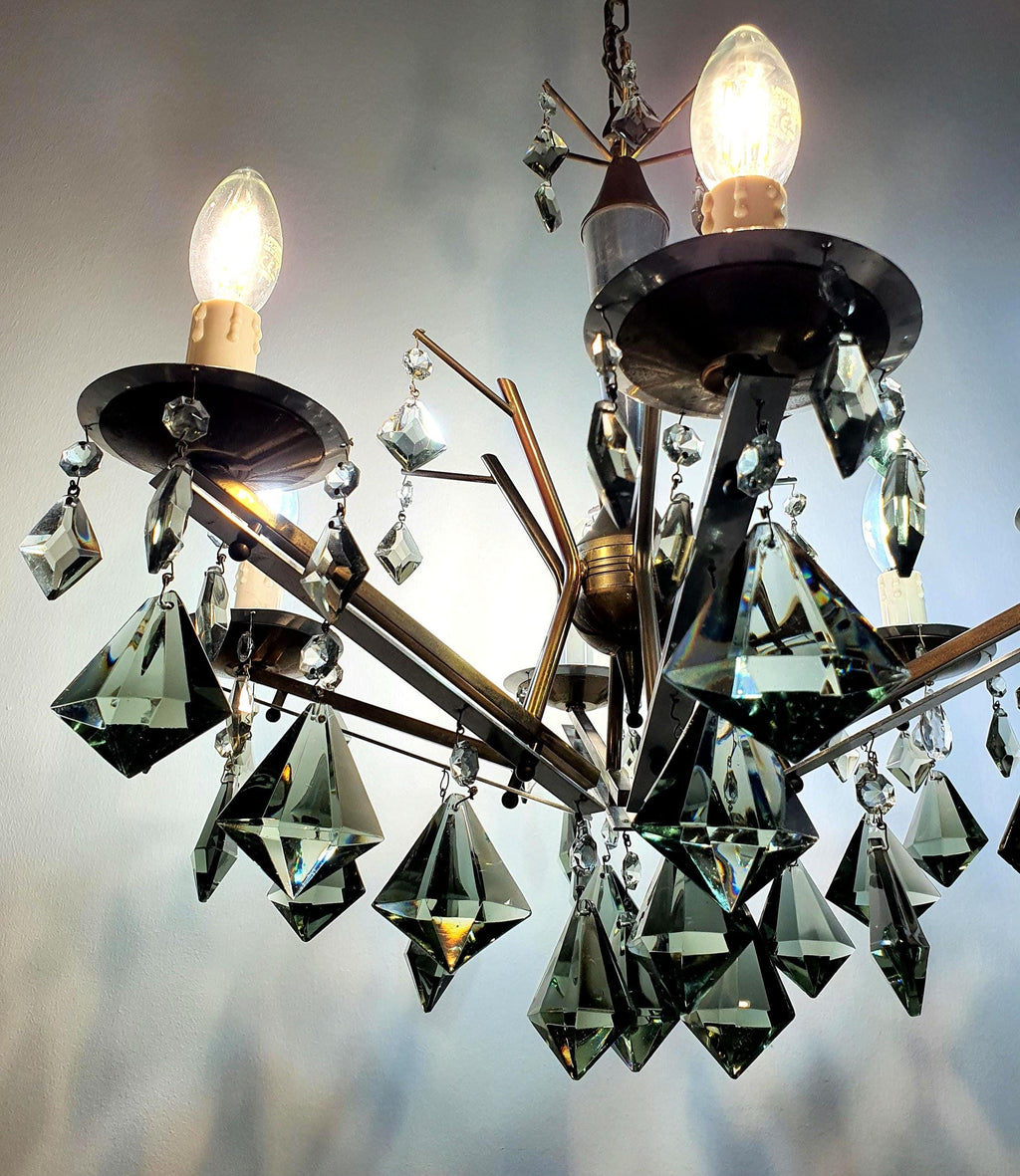 Vintage Art Deco 6-arm chandelier, smoky grey crystal drops, brass and chrome tree-branching frame, candle holders