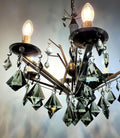 Vintage Art déco 6-arm Kronleuchter, smoky grau Kristall drops, Messing und chrome tree-branching Rahmen, candle holders