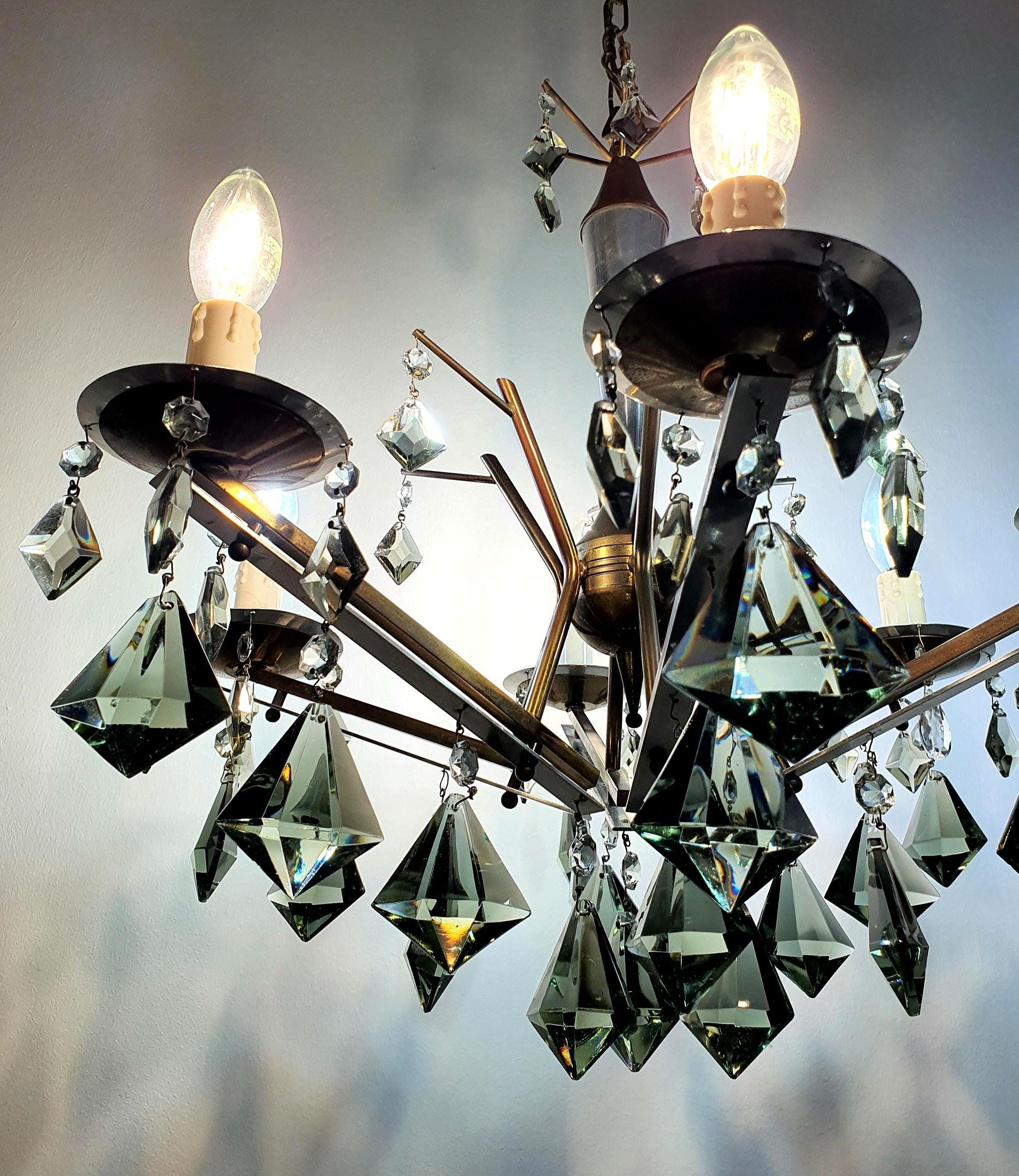 Vintage Art Deco 6-arm chandelier, smoky grey crystal drops, brass and chrome tree-branching frame, candle holders