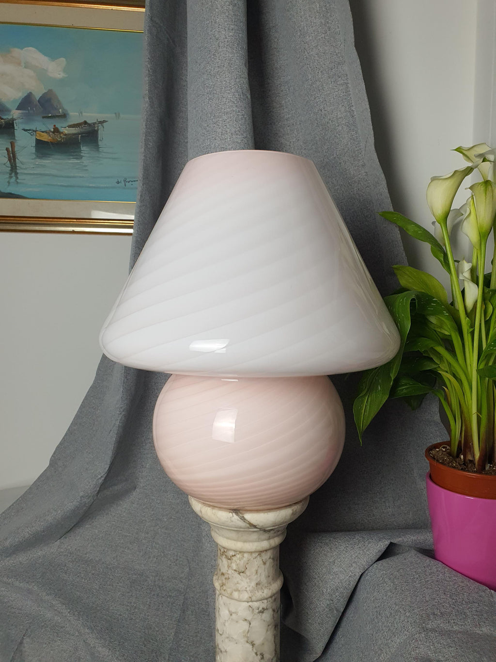Large Murano Glass Mushroom Lamp Pink Swirl Vintage Bedside Light