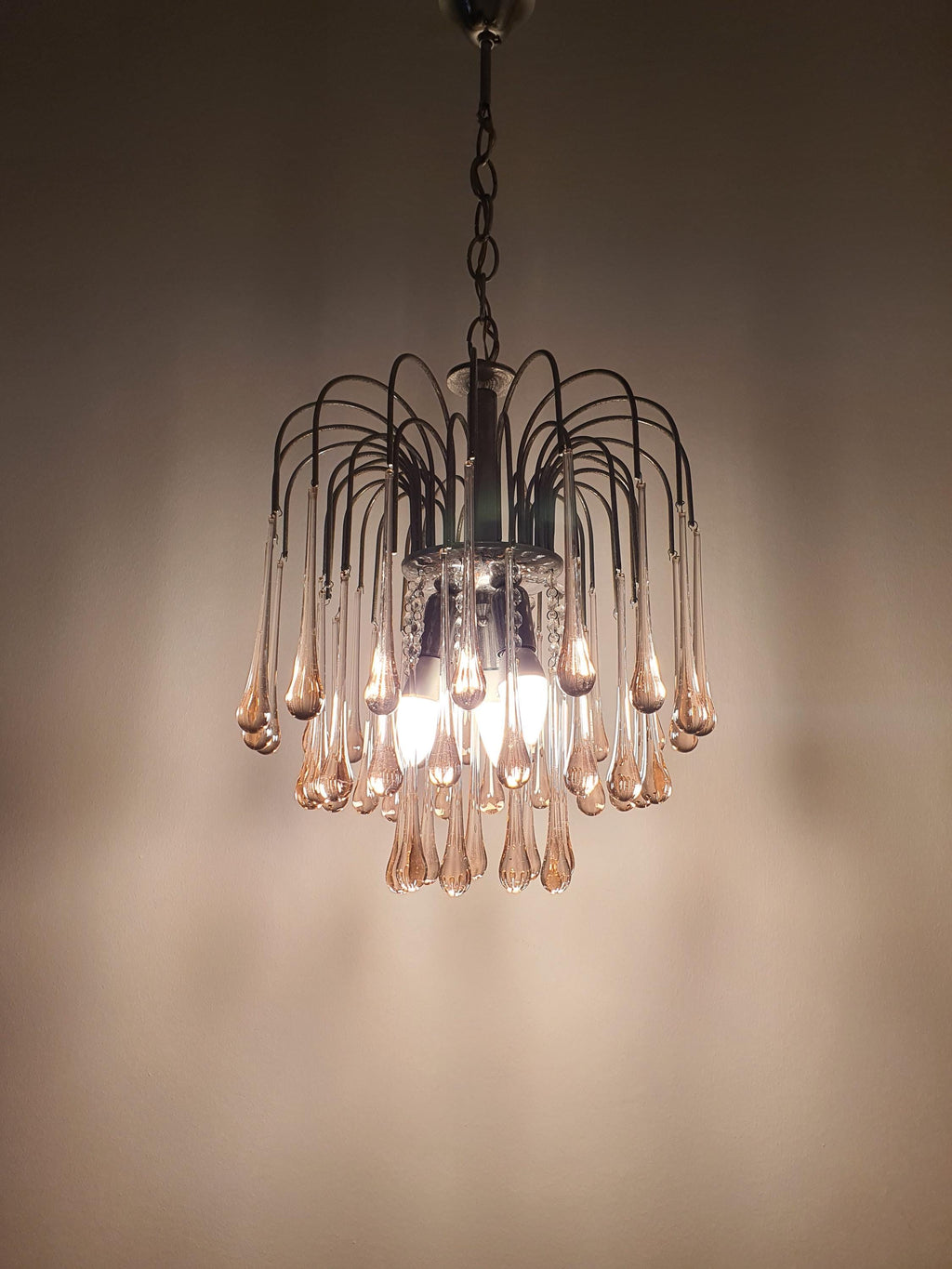 Vintage Murano Glass Pink Teardrops Chandelier | Chrome Base Hollywood Regency Lighting