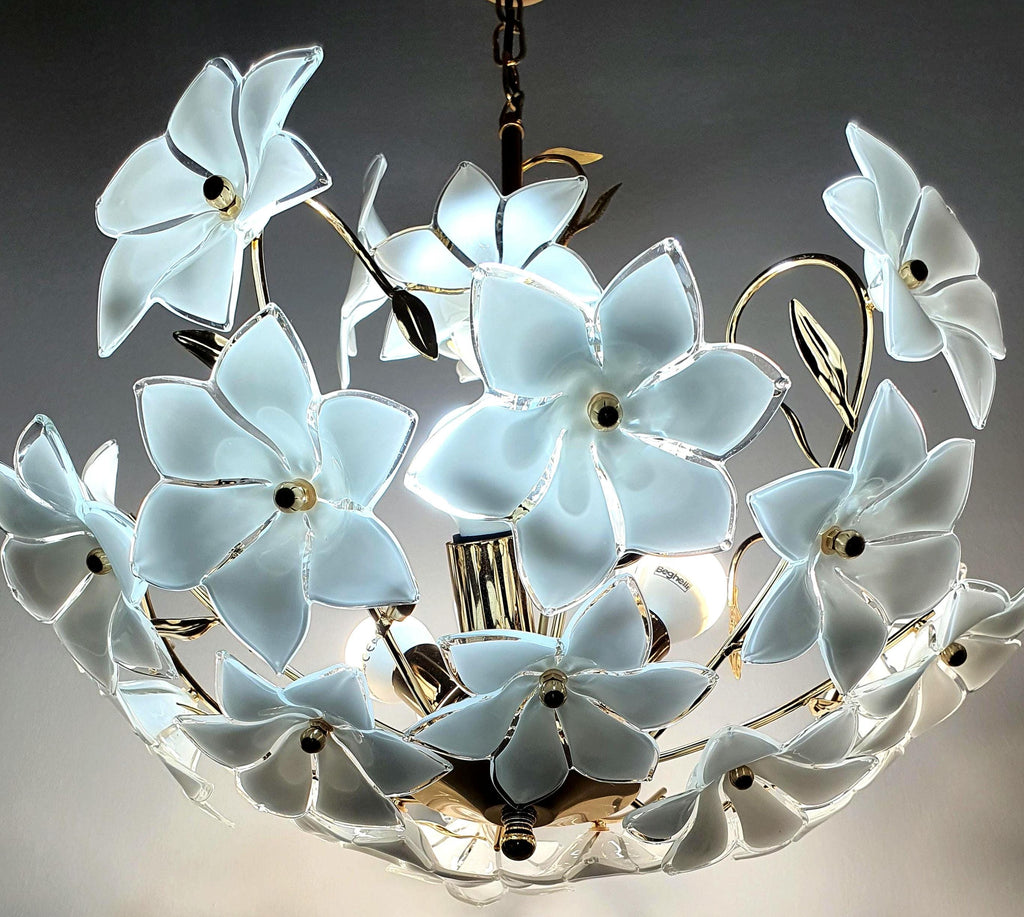 Vintage Murano glass chandelier with white floral blossoms and gold frame, Hollywood Regency dining lighting