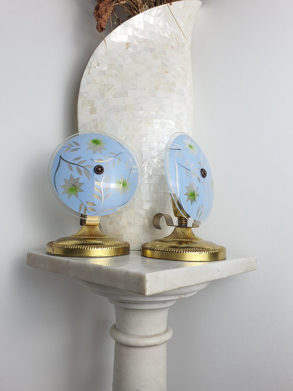 Pair of vintage 1950s Italian bedside lights — blue and gold handpainted glass, candleholder form, front view