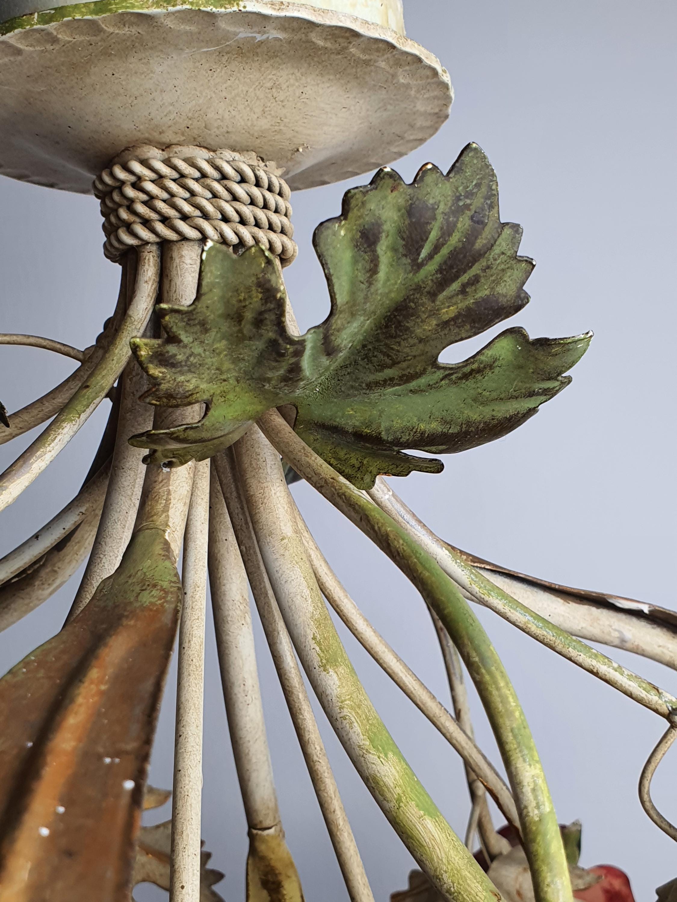 Hand-painted Italian tole chandelier — red rose bouquet composition, decorative detail