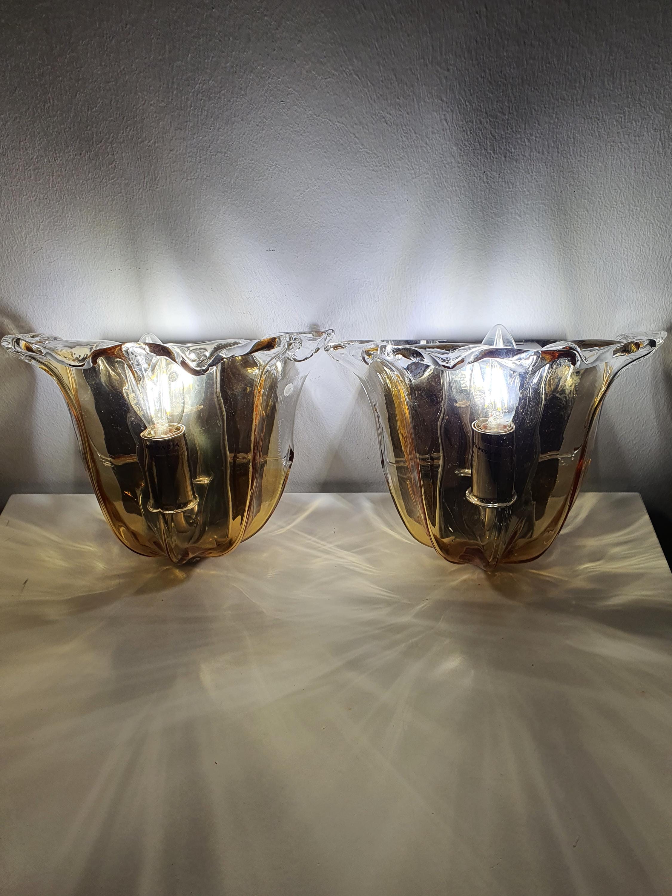 Pair of La Murrina Murano Glass Caramel Wall Sconces Clear Tulip Chrome