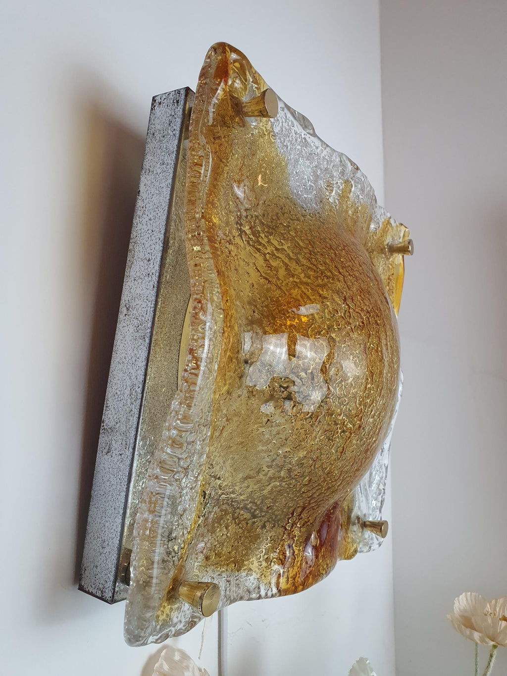 Mazzega Vintage Murano Glass Square Frosted Wall or Ceiling Light Caramel Drop