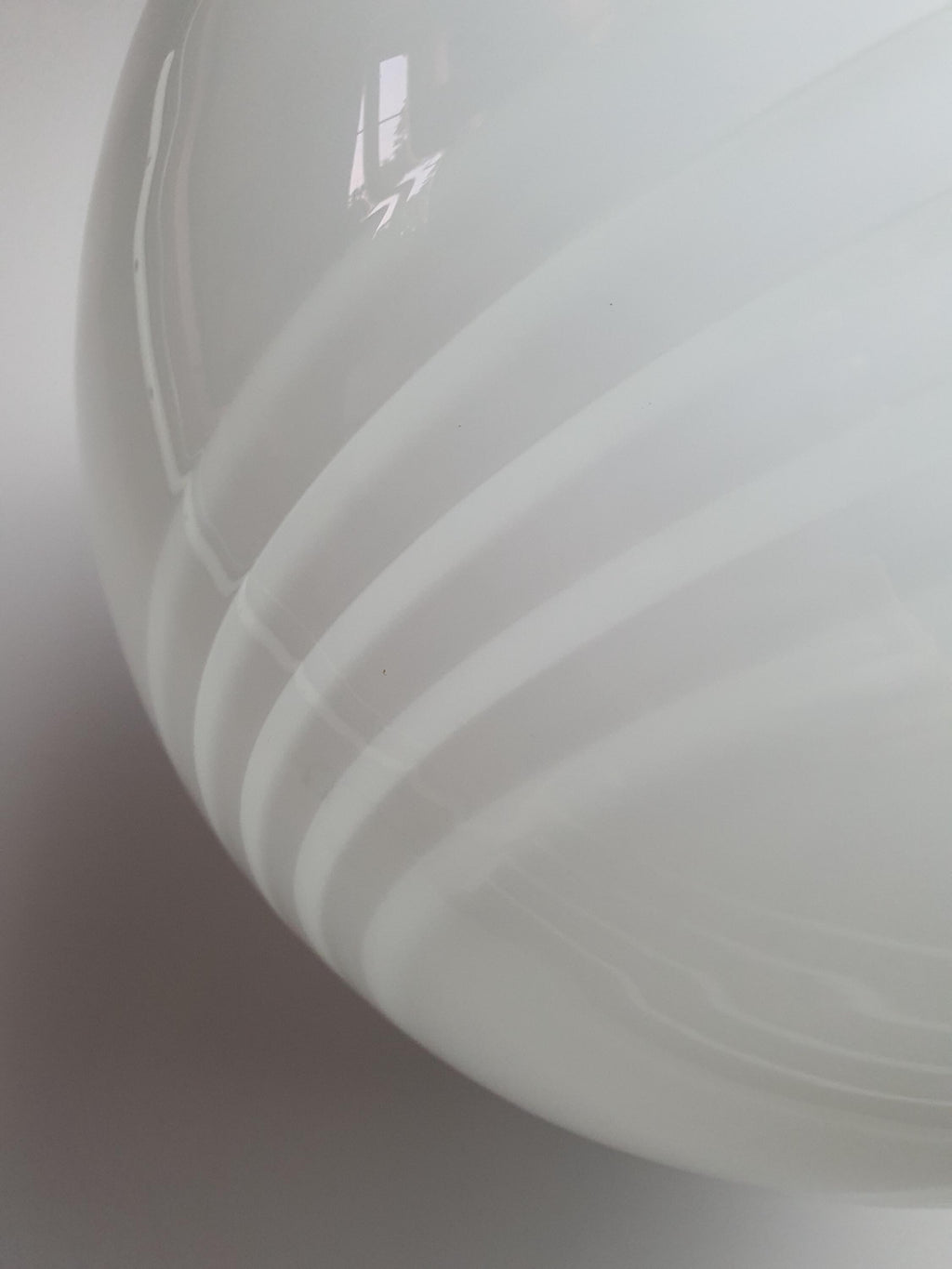 Vintage Murano large white swirl globe pendant unlit, showing 38cm sphere silhouette and white swirl pattern