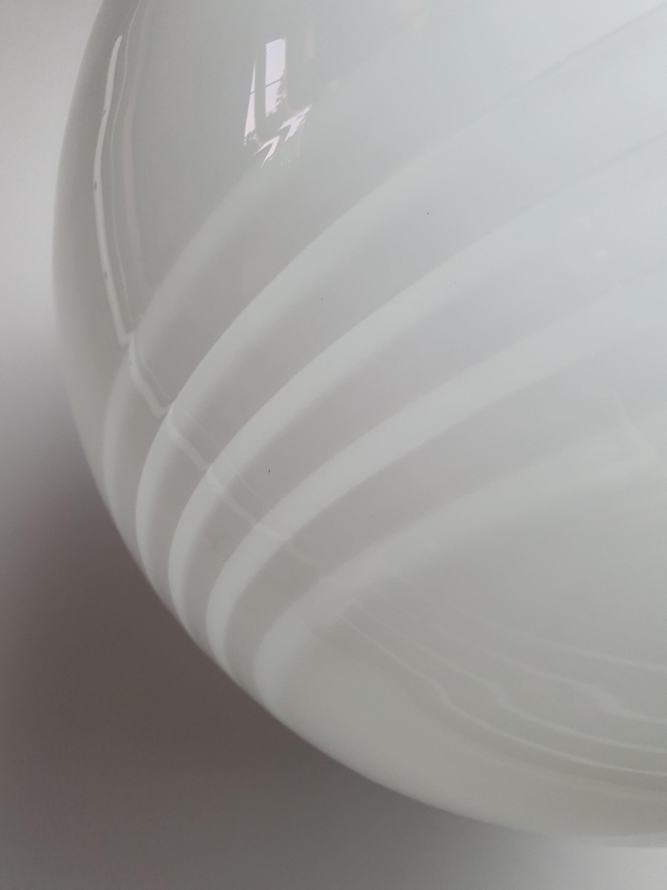 Vintage Murano large white swirl globe pendant unlit, showing 38cm sphere silhouette and white swirl pattern