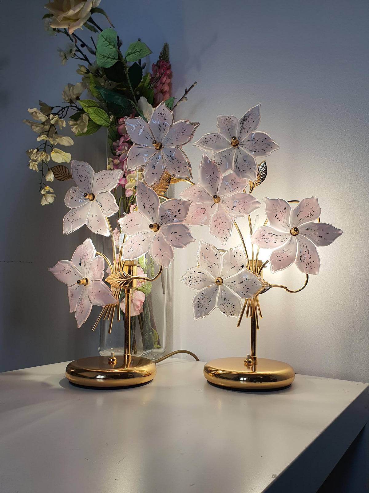Pair of vintage Murano glass flower table lamps with gold-toned bases
