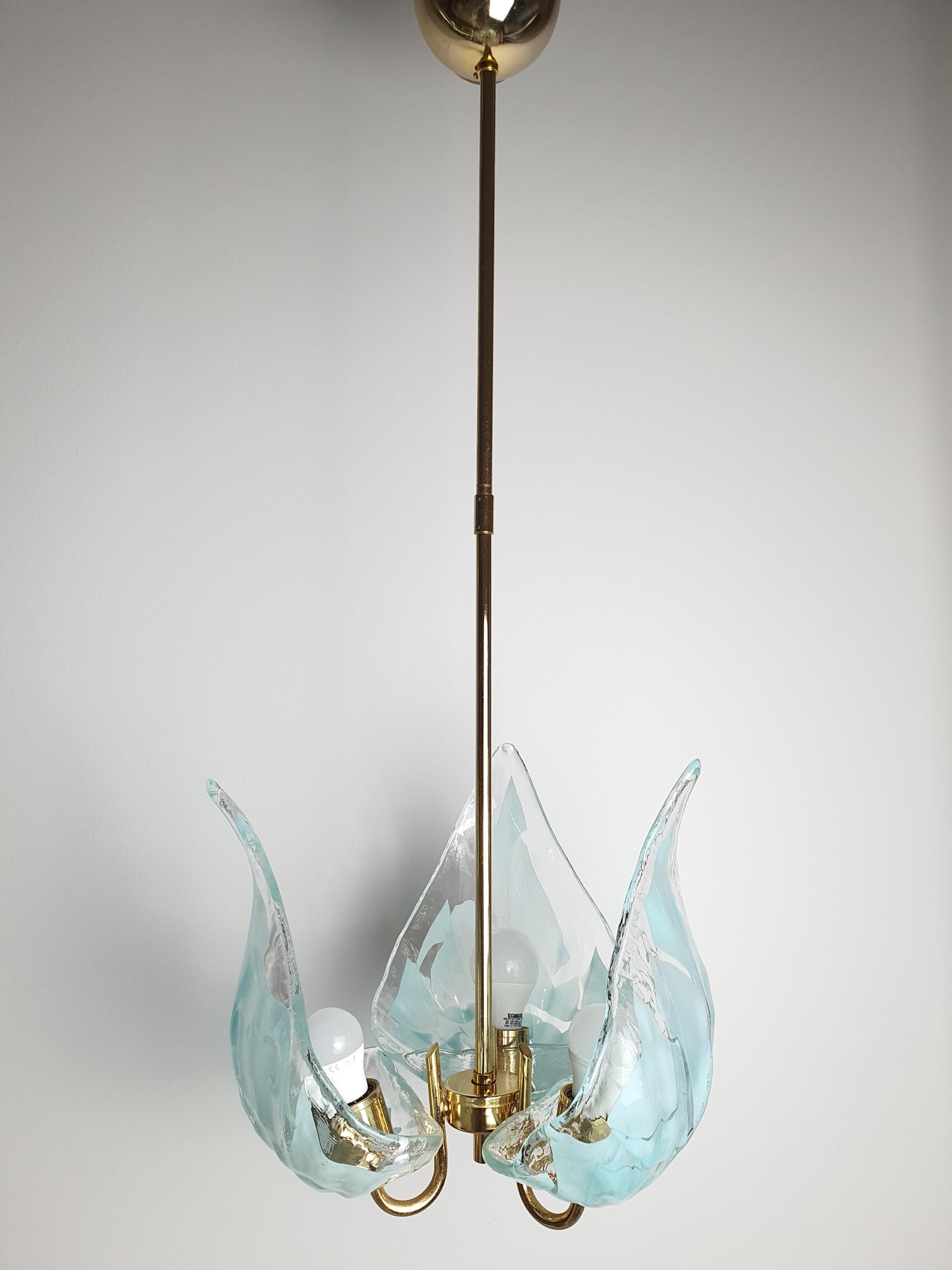 La Murrina 3-Arm Murano Glass Chandelier – Clear & Tiffany Blue on Golden Base