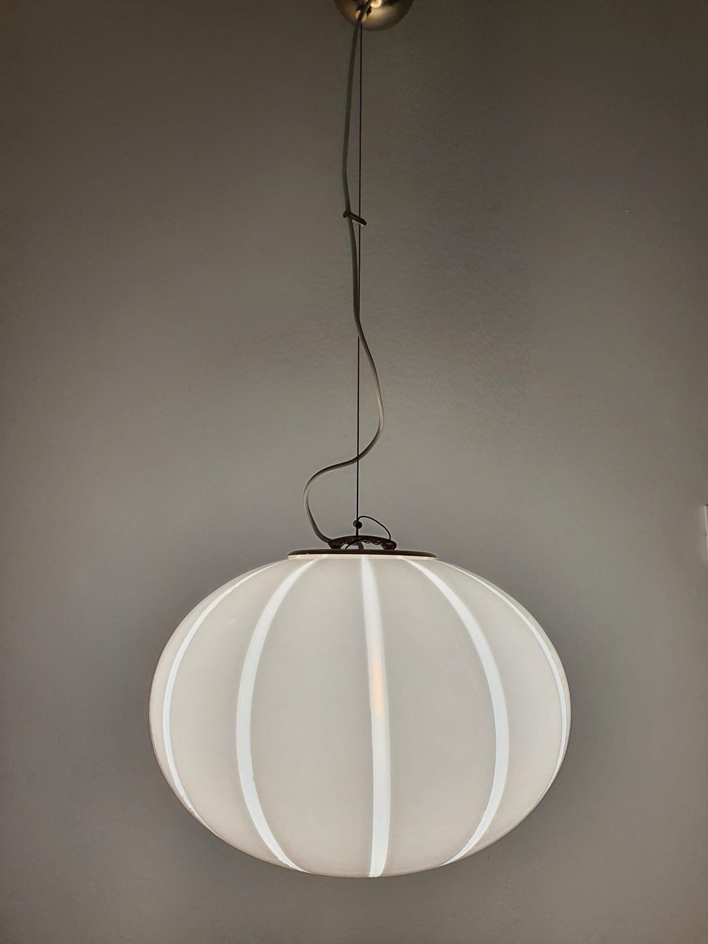 Vintage Murano Glass Globe Pendant Light: Striped White Ball Lamp