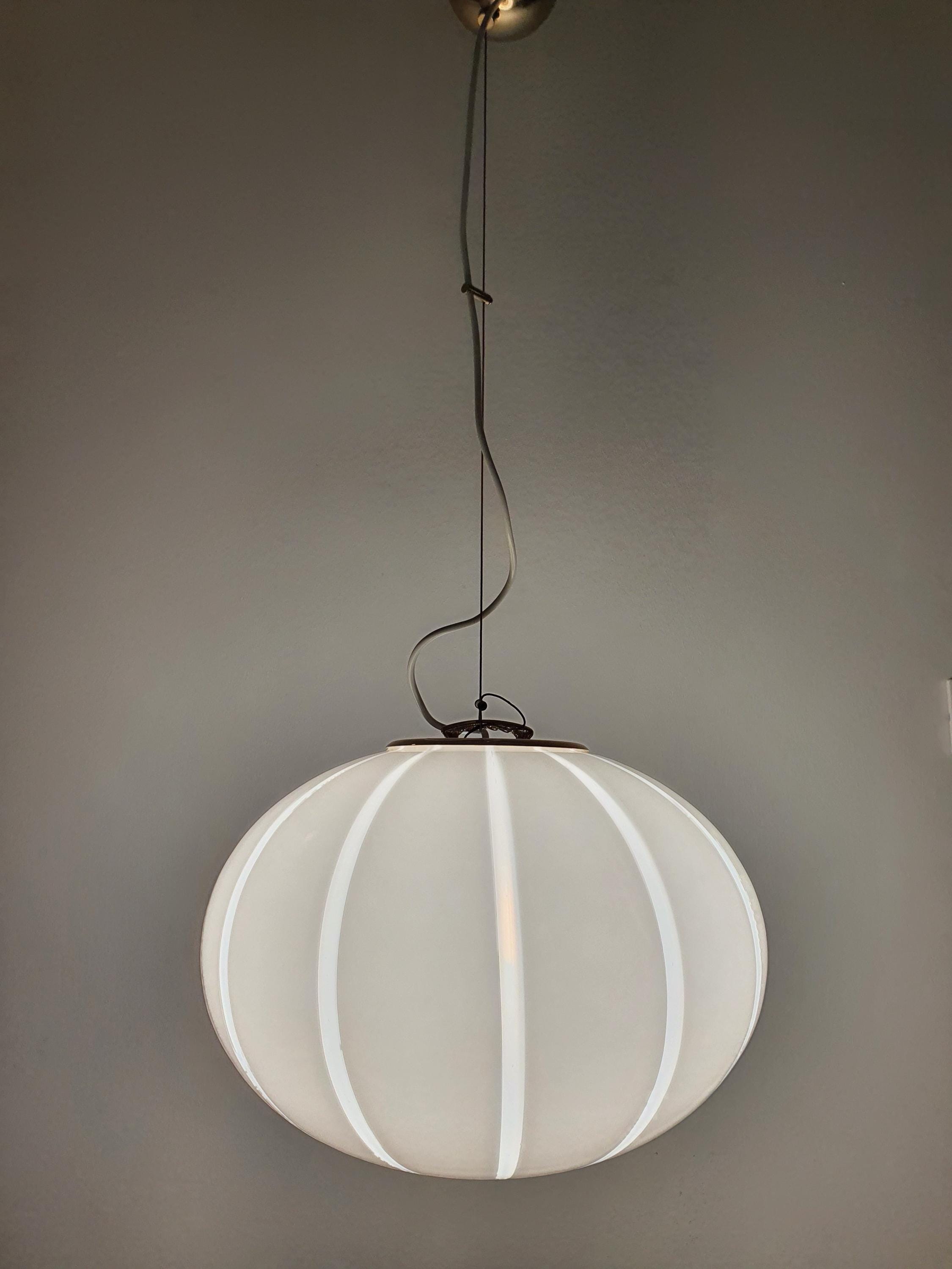 Vintage Murano Glass Globe Pendant Light: Striped White Ball Lamp