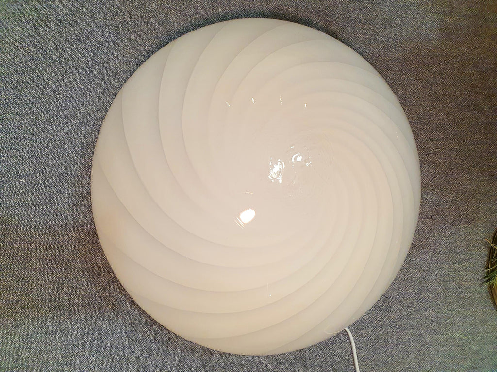 Vintage Murano Glass Swirl Flush Mount Light: White on Blue, MCM Deco