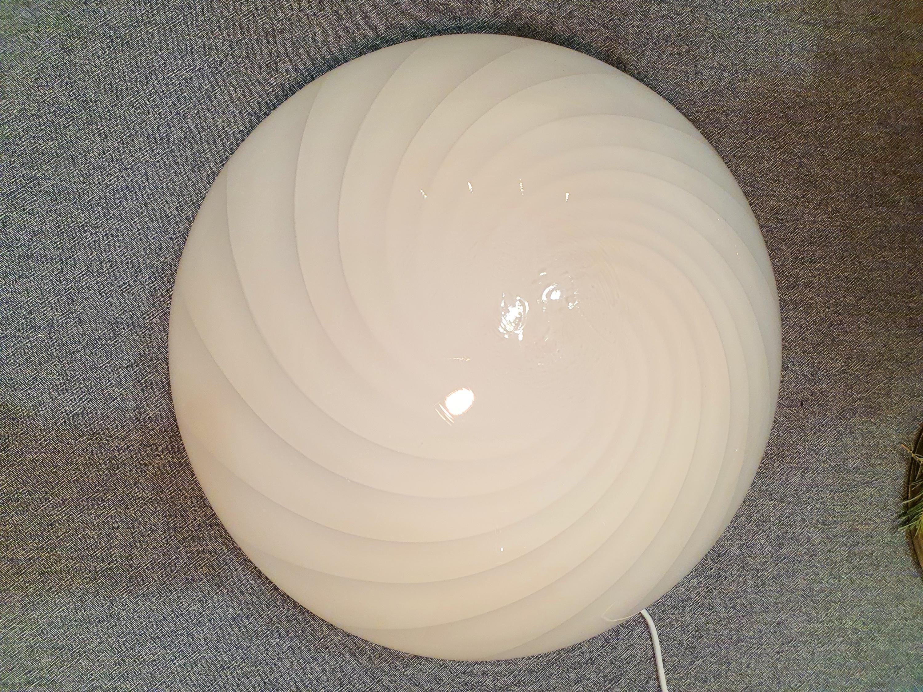 Vintage Murano Glass Swirl Flush Mount Light: White on Blue, MCM Deco