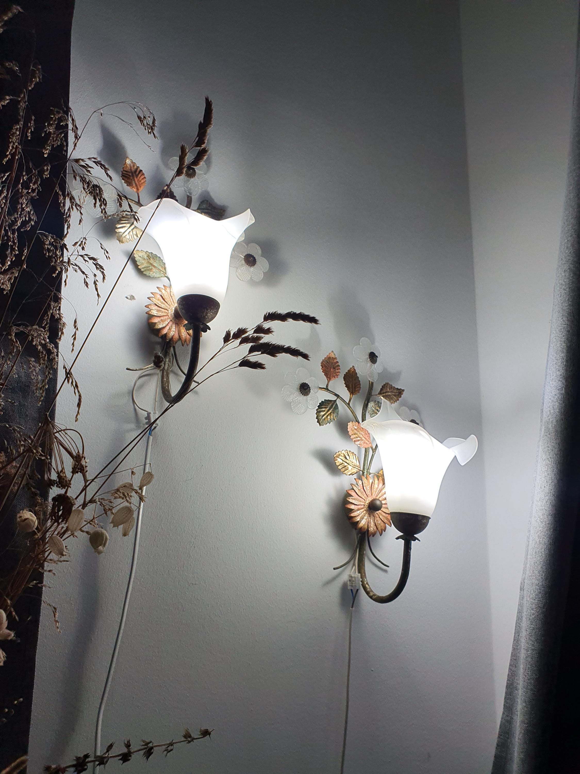 Pair of vintage Italian toleware Murano glass floral sconces in bedroom, soft calla lily glow, gold green bronze botanical wall lights

