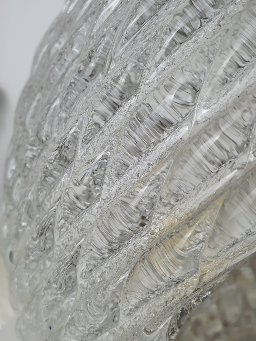 Deep ribbing and iced texture detail on vintage Murano glass shell flush mount, brass base, 1960s–1970s Italy