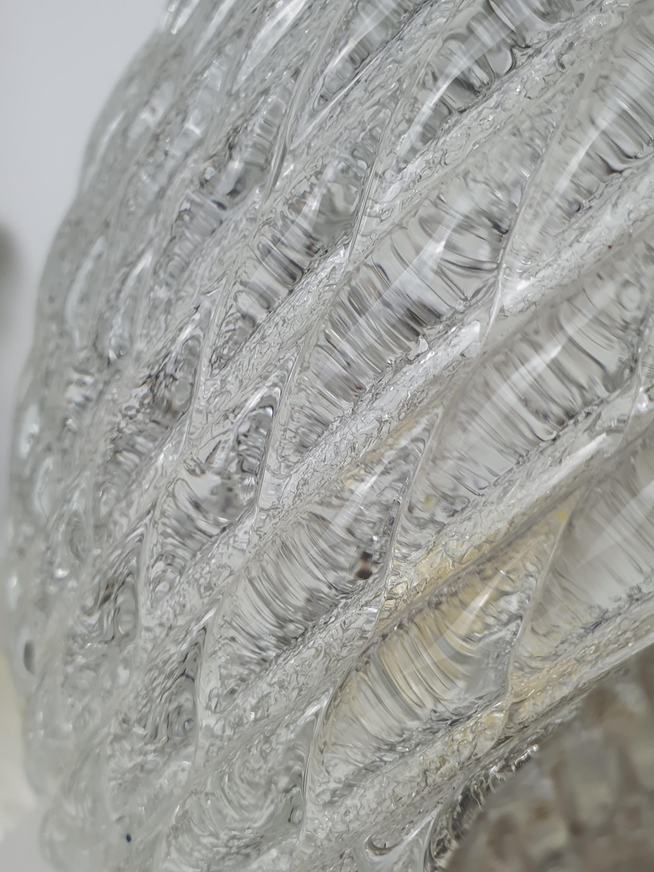 Deep ribbing and iced texture detail on vintage Murano glass shell flush mount, brass base, 1960s–1970s Italy