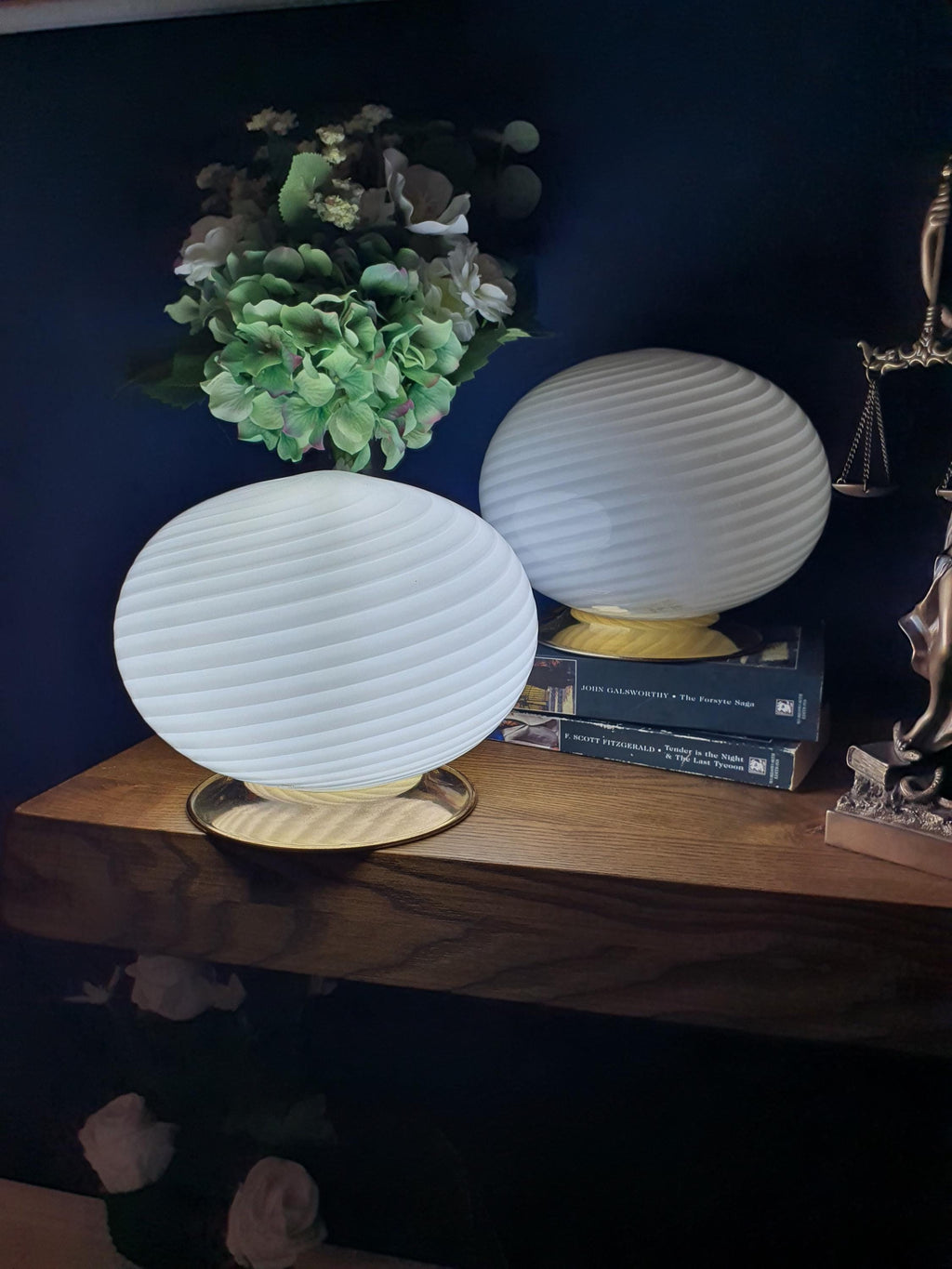 Pair of Vintage Murano Glass Swirl Globe Bedside Lamps Gold Base