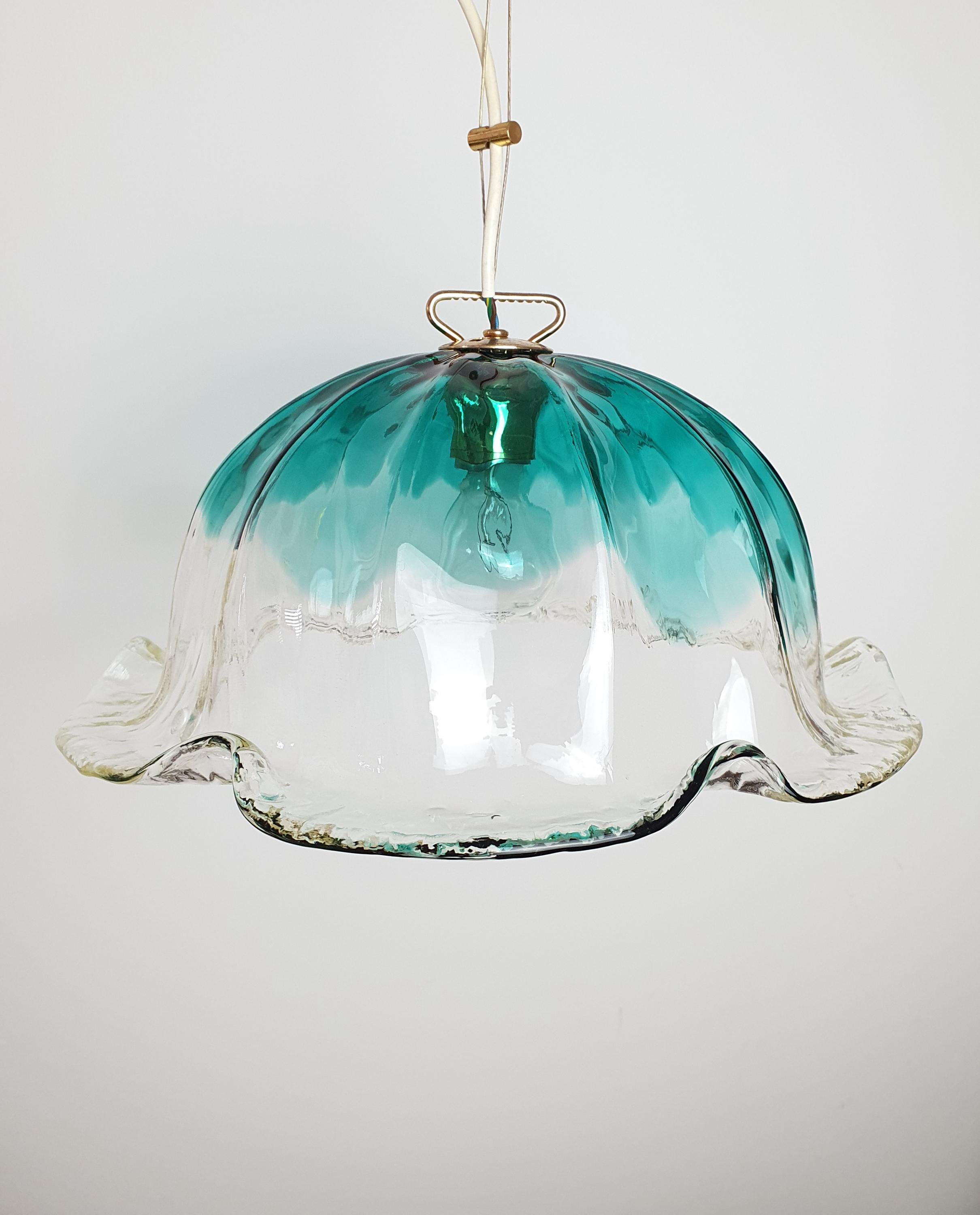 Vintage Murano Glass Tulip Pendant Light: Emerald Green La Murrina