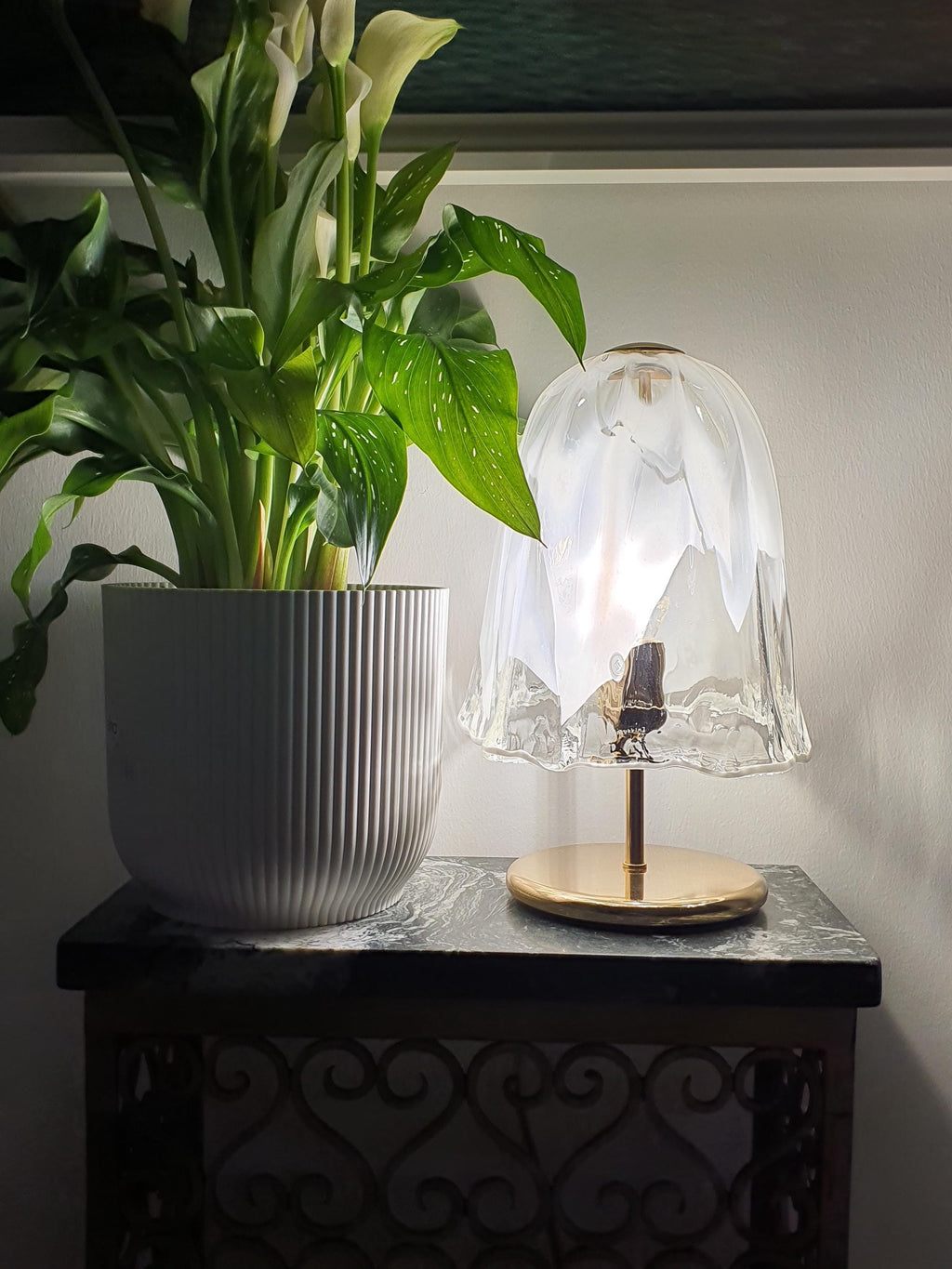 La Murrina Vintage Murano Glass White & Clear Floral Bedside Lamp