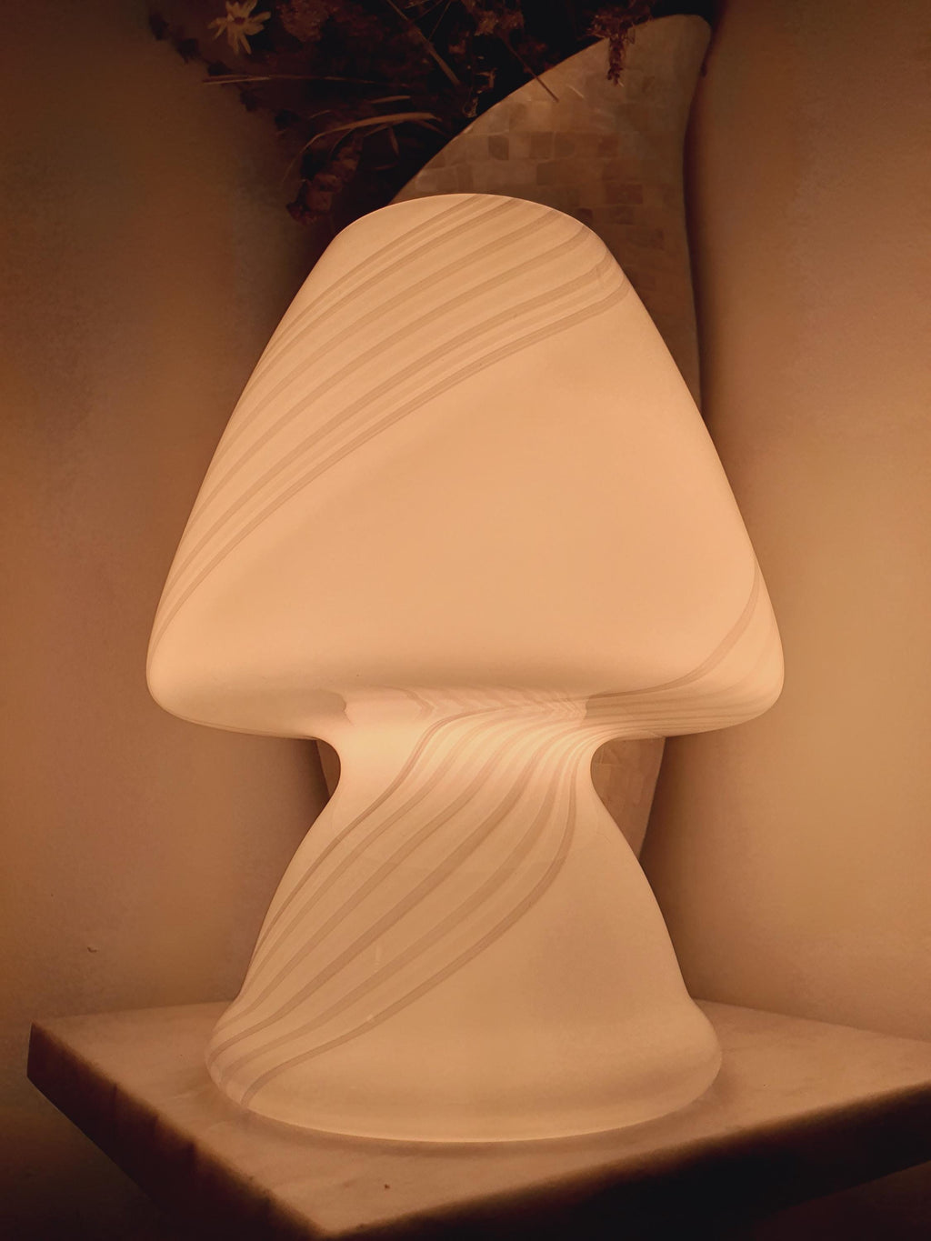 Murano Glass Mushroom Lamp: White & Grey Swirl, MCM Bedside Light