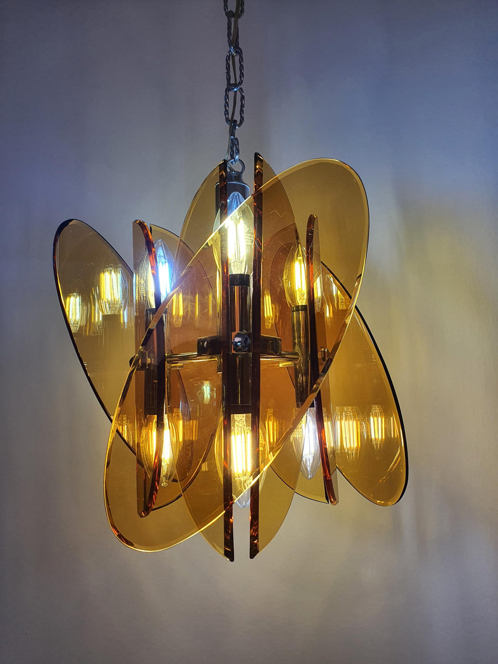1970s Veca Italian chandelier with orange glass shades and chrome base