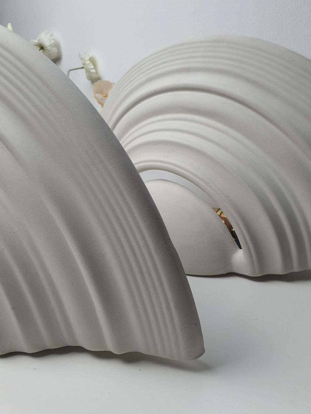 Vintage French Plaster Shell Sconces: Art Deco Minimalist Wall Lights