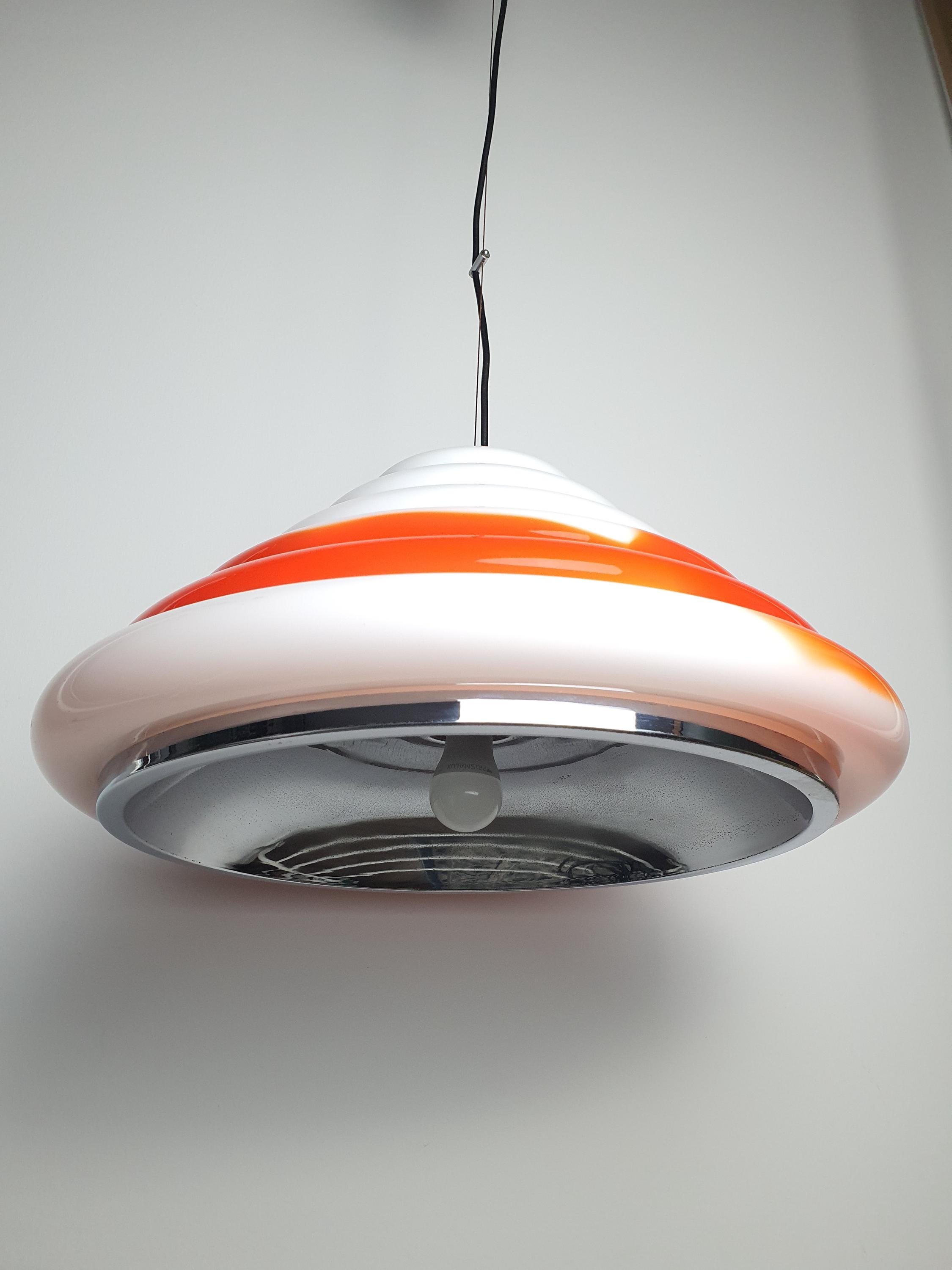 Vintage Murano glass Space Age pendant light — white glass with orange accent and chrome interior, front view