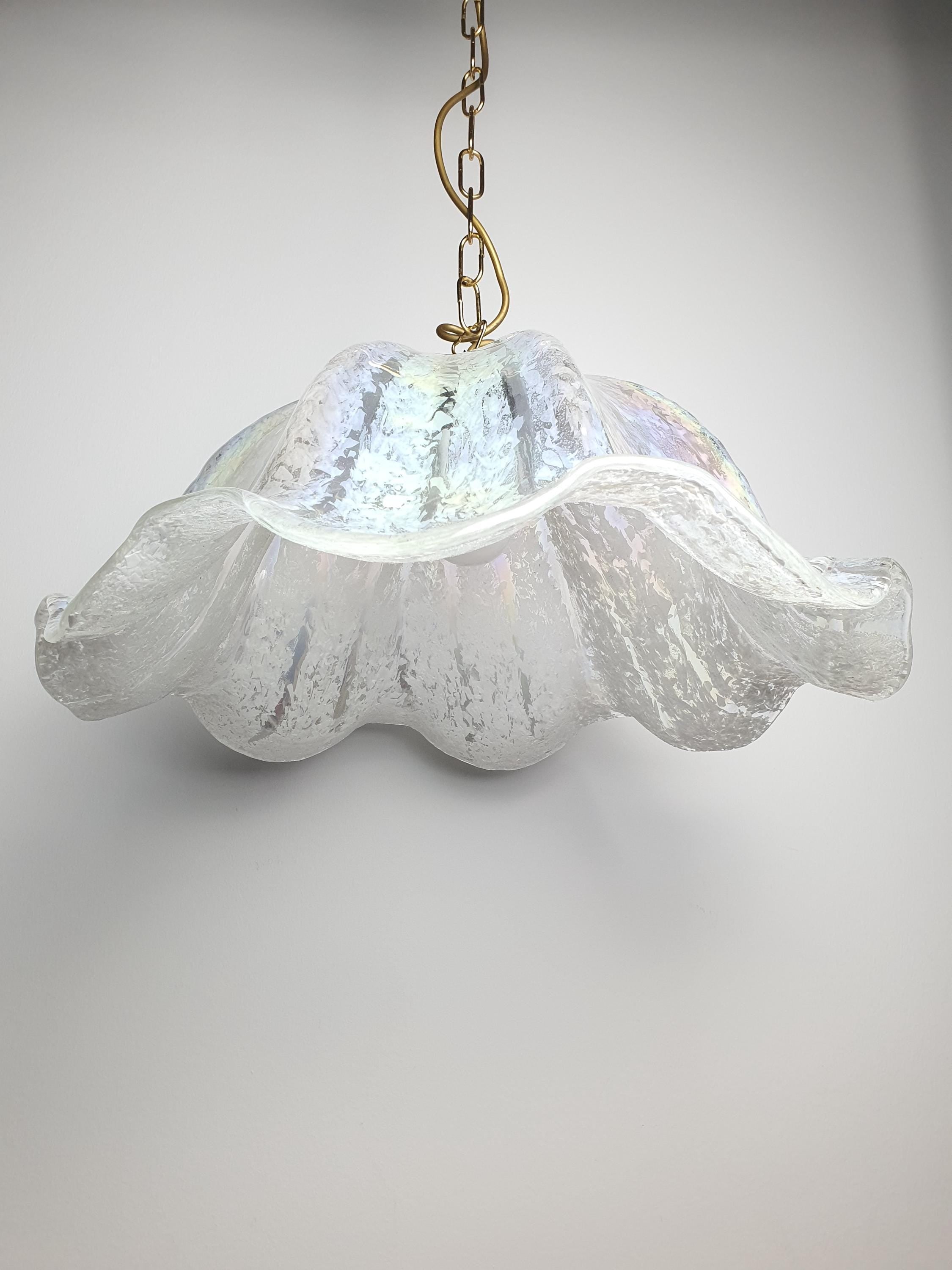 Vintage Murano Glass Iridescent Organic Pendant Light Fazzoletto Style