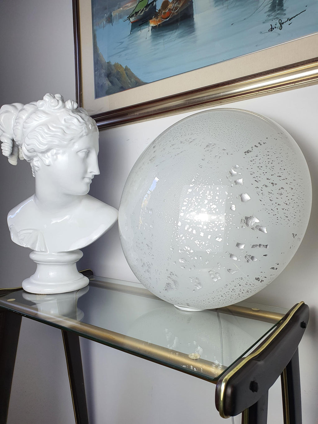 Vintage Murano white silver aventurine flush mount in living room, soft constellation glow, 46cm, minimalist Scandinavian
