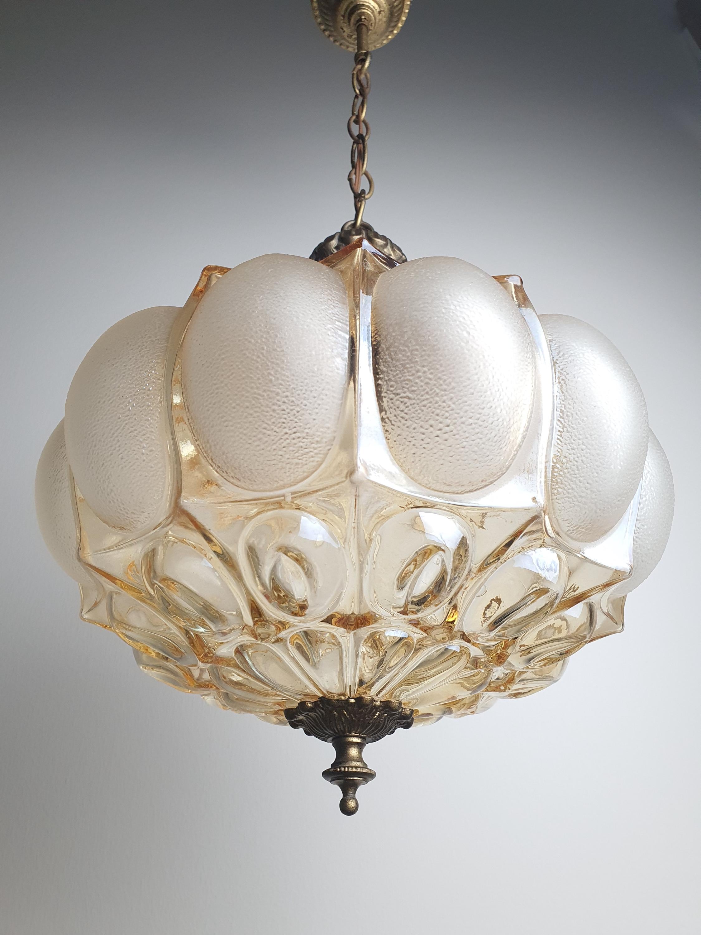 Art Deco Pendant Light – Stamped Beige Glass with Pearl Finish & Bronze Fixture