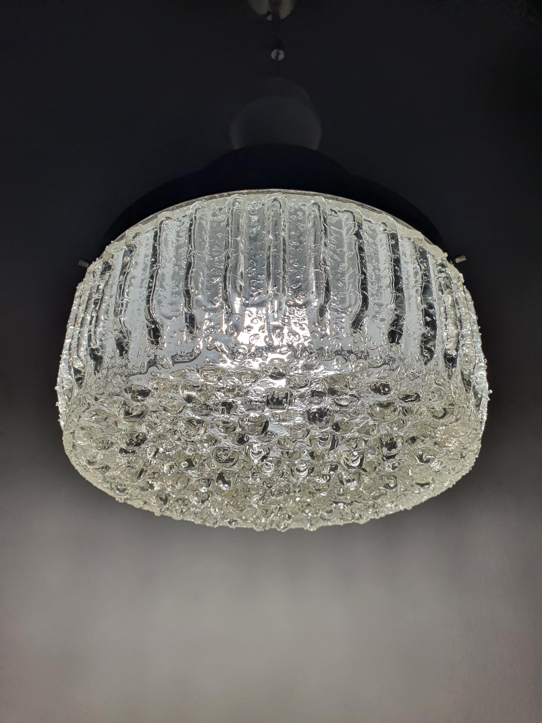 Vintage Italian pendant light — white chrome structure and wooden ceiling element detail