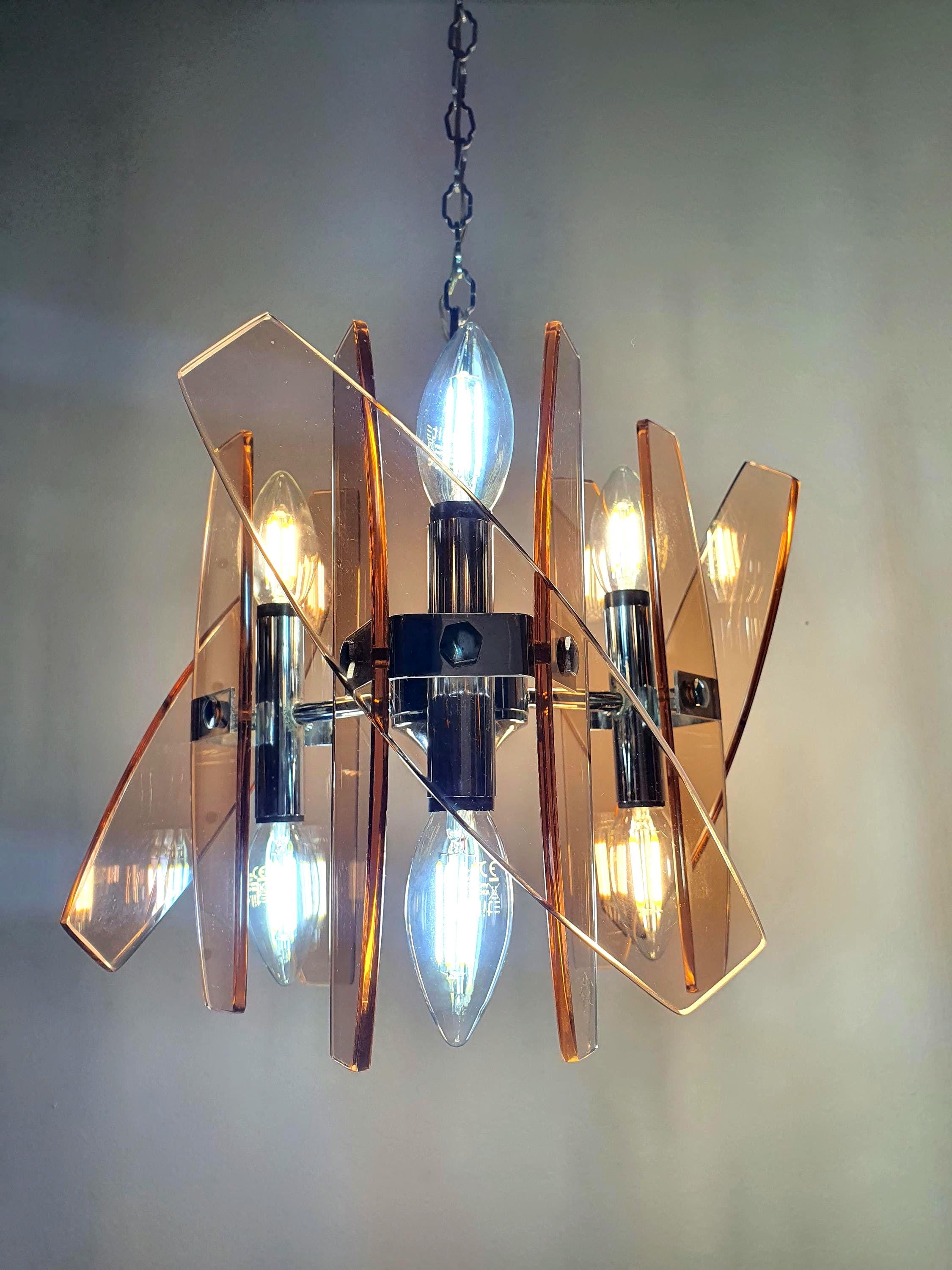 Veca vintage Italian chandelier 1970s — pink glass and chrome, 3-arm Space Age design, front view