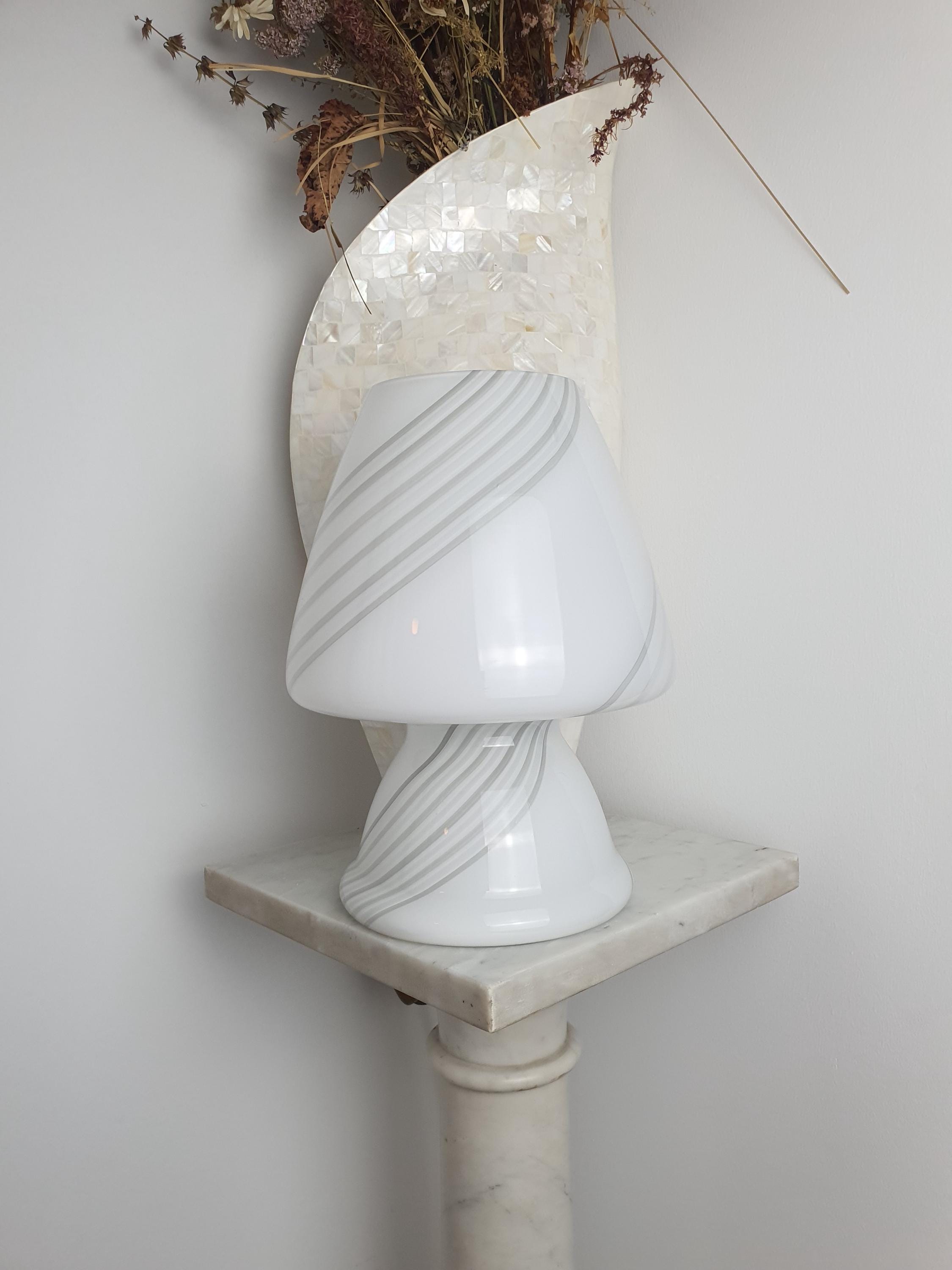 Murano Glass Mushroom Lamp: White & Grey Swirl, MCM Bedside Light