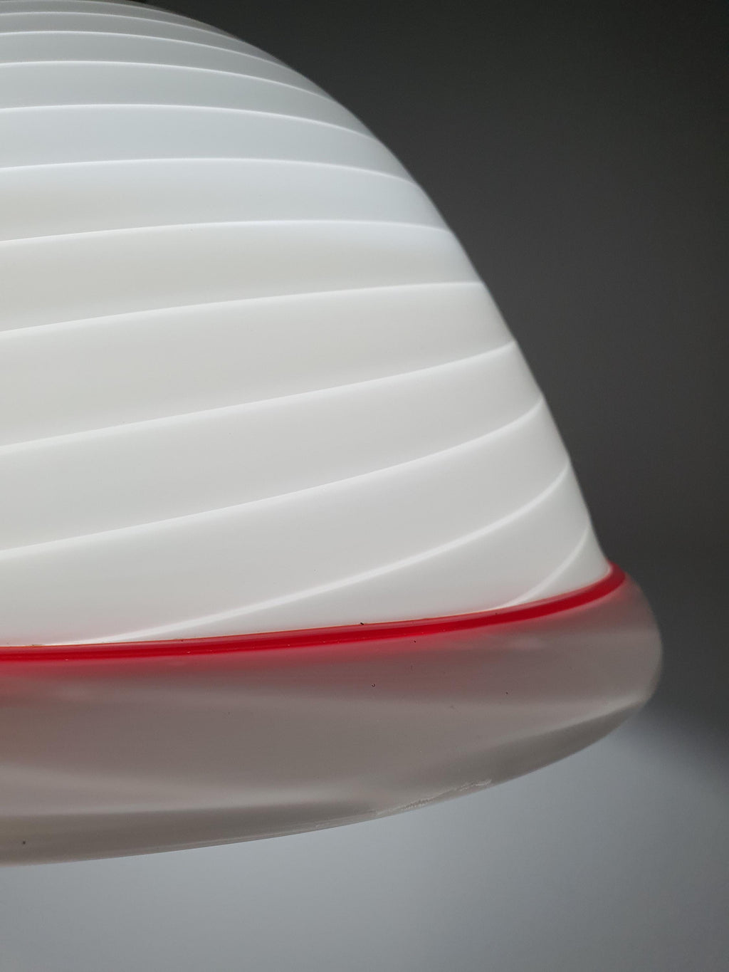 De Majo Vintage Murano Glass Pendant Light | White Swirl Bell with Red Edge