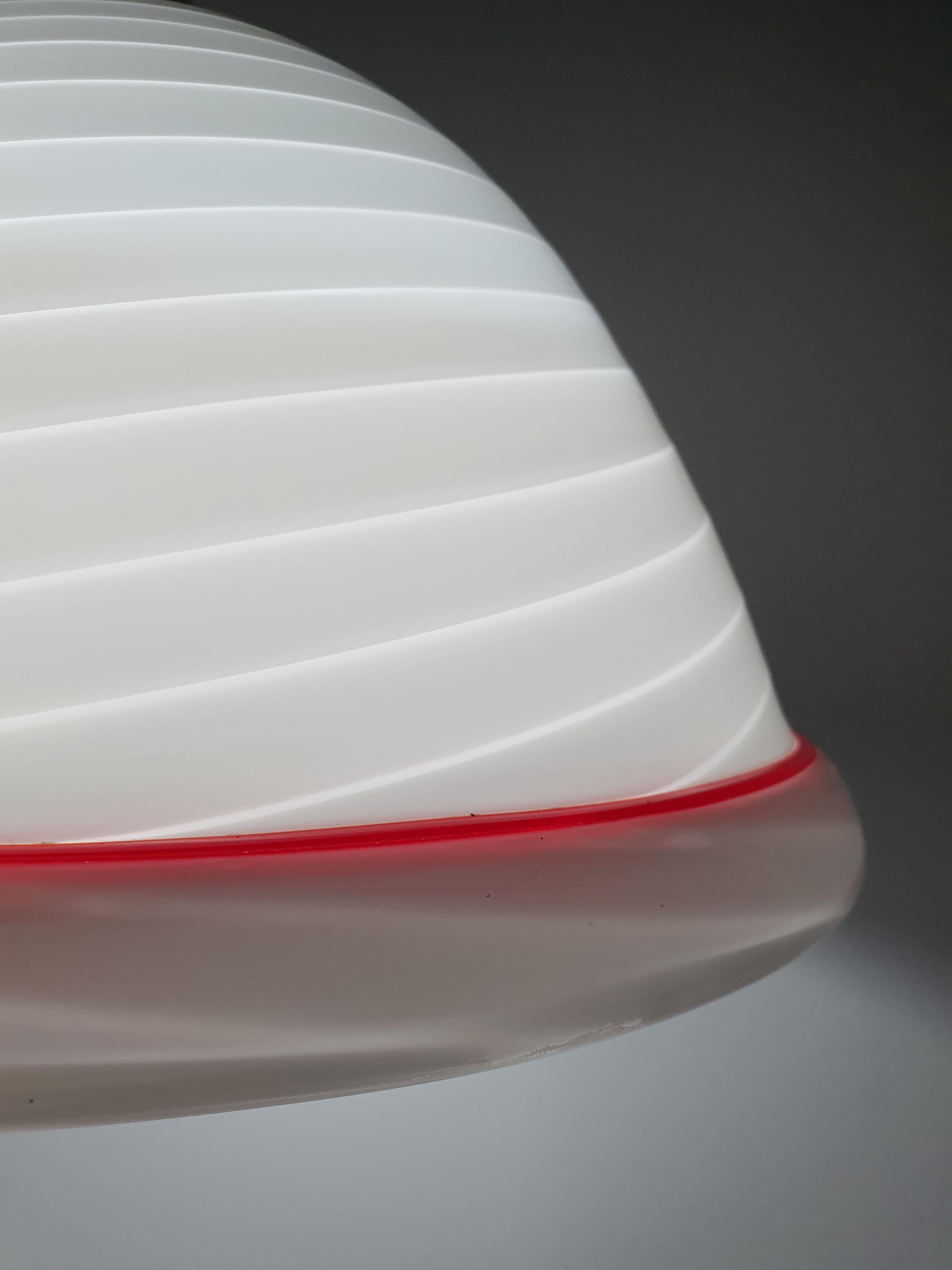 De Majo Vintage Murano Glass Pendant Light | White Swirl Bell with Red Edge