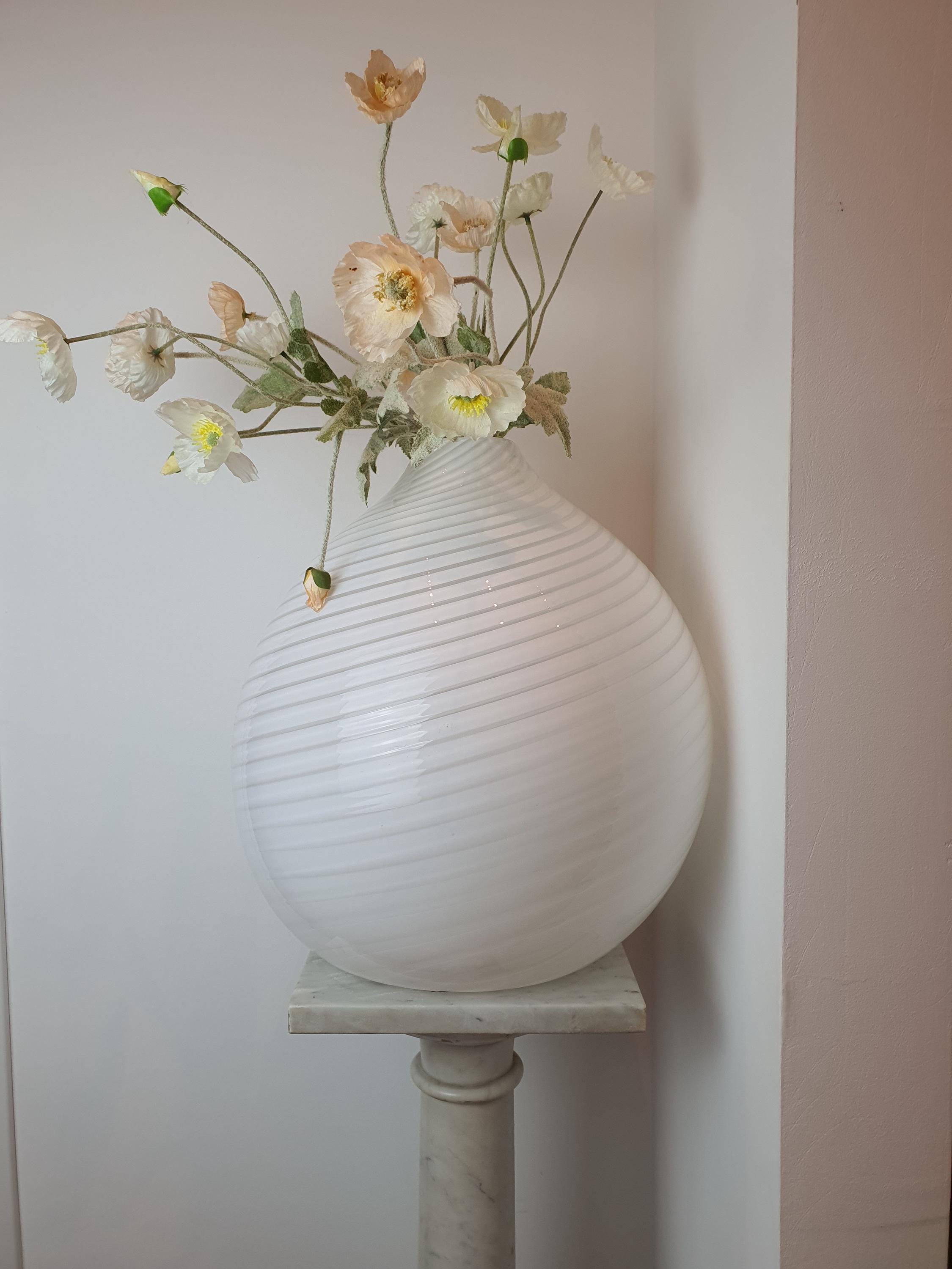 Large Vintage Murano Glass Vase – White Swirl Globe, Scandinavian Minimalist
