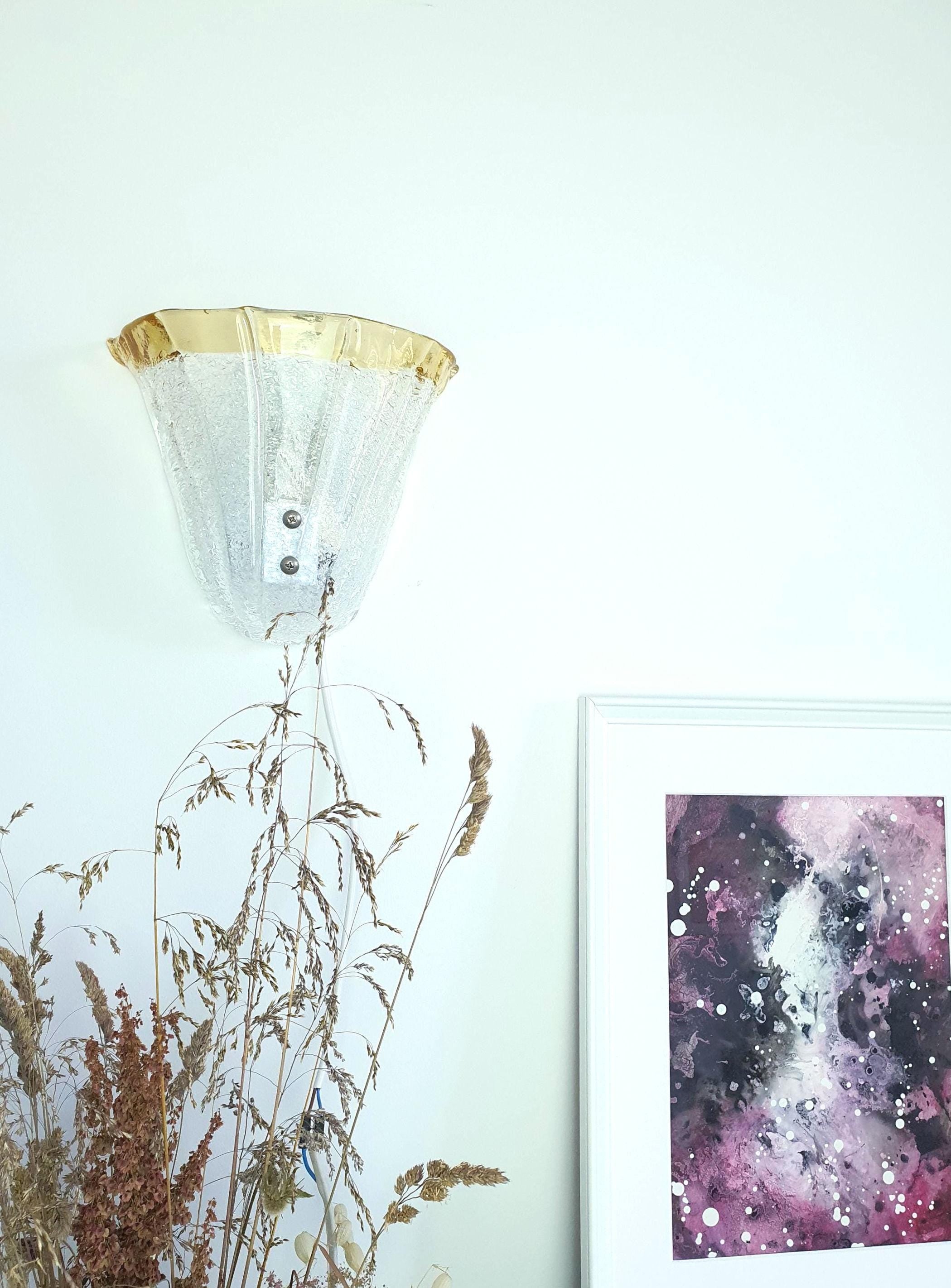 Vintage Murano Glass Floral Wall Sconce: Frosted Yellow Venetian Light