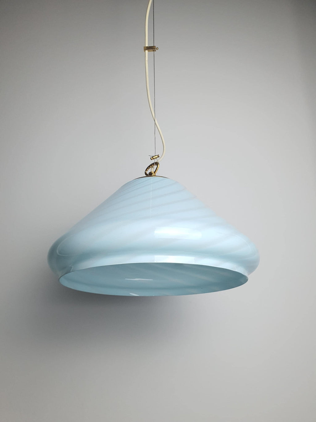Labelled Murano Glass Light Blue Bell Pendant Light | Candy Swirl Italian Vintage Lamp