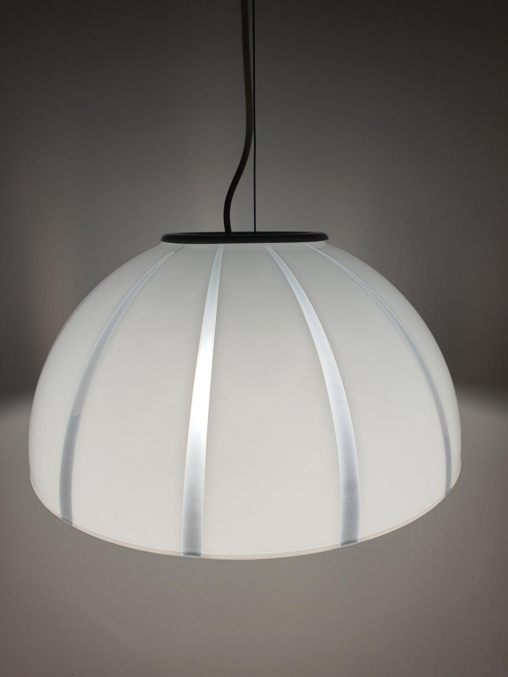 Murano bell pendant front view, white and clear striped glass, subtle layered stripe effect, gold-toned canopy, minimalist MCM