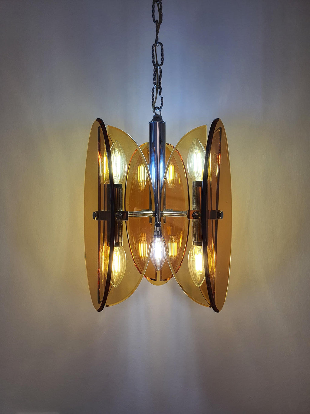 Veca Italian Chandelier 1970s Orange Glass Space Age Pendant Chrome Base