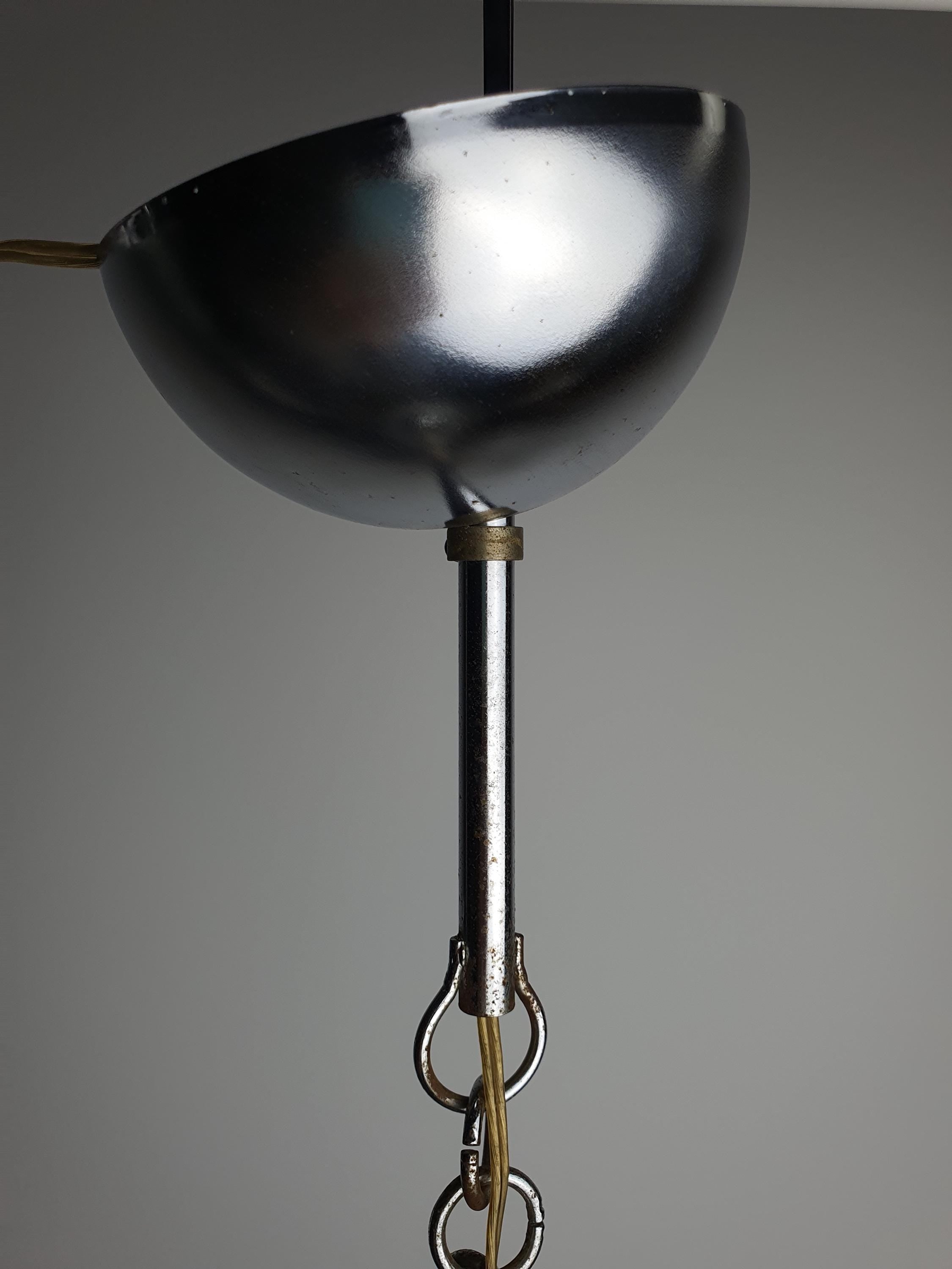 Murano glass globe pendant side profile, white and brown filigrana lines, aged chrome canopy