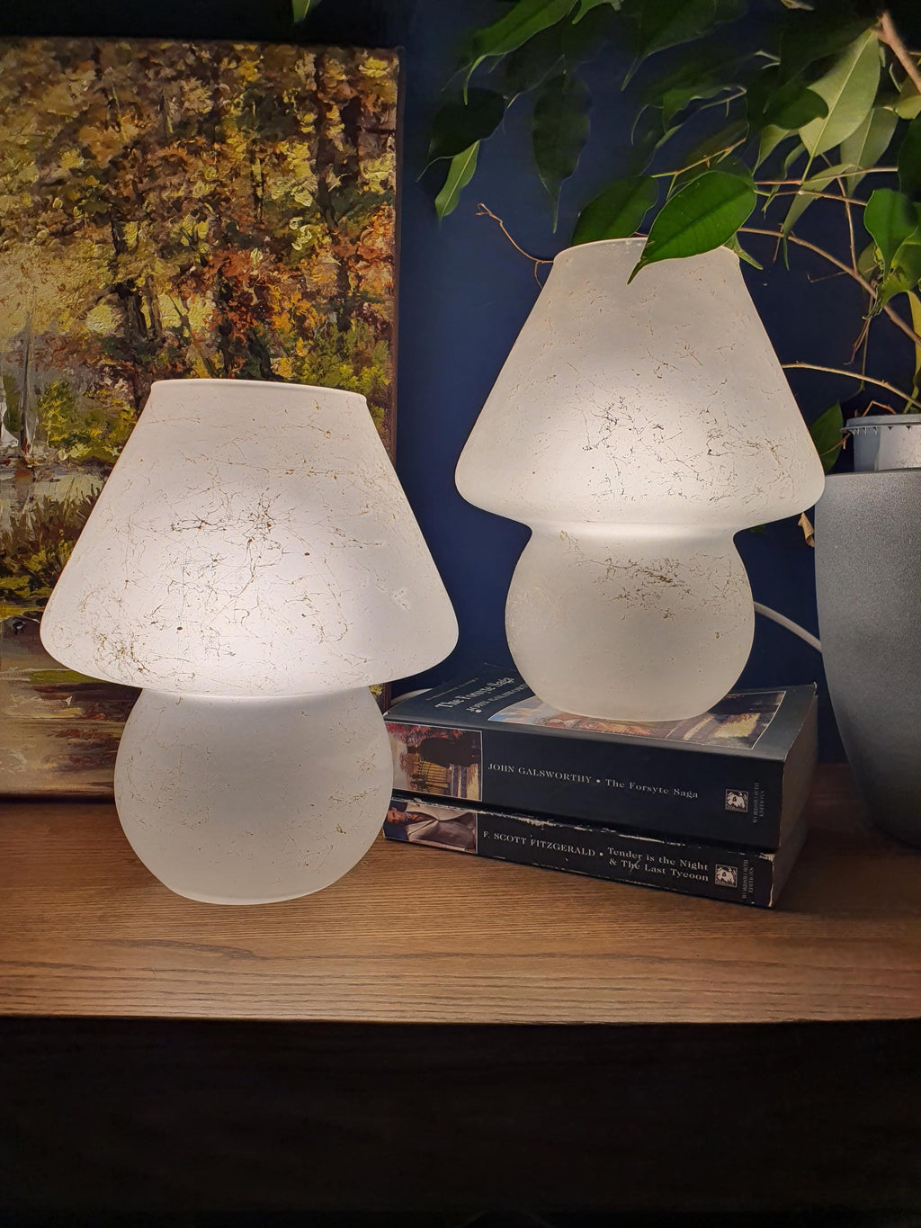 Pair of Vintage Satin Murano Glass Mushroom Lamps | Frosted Italian 1980s Bedside Lighting