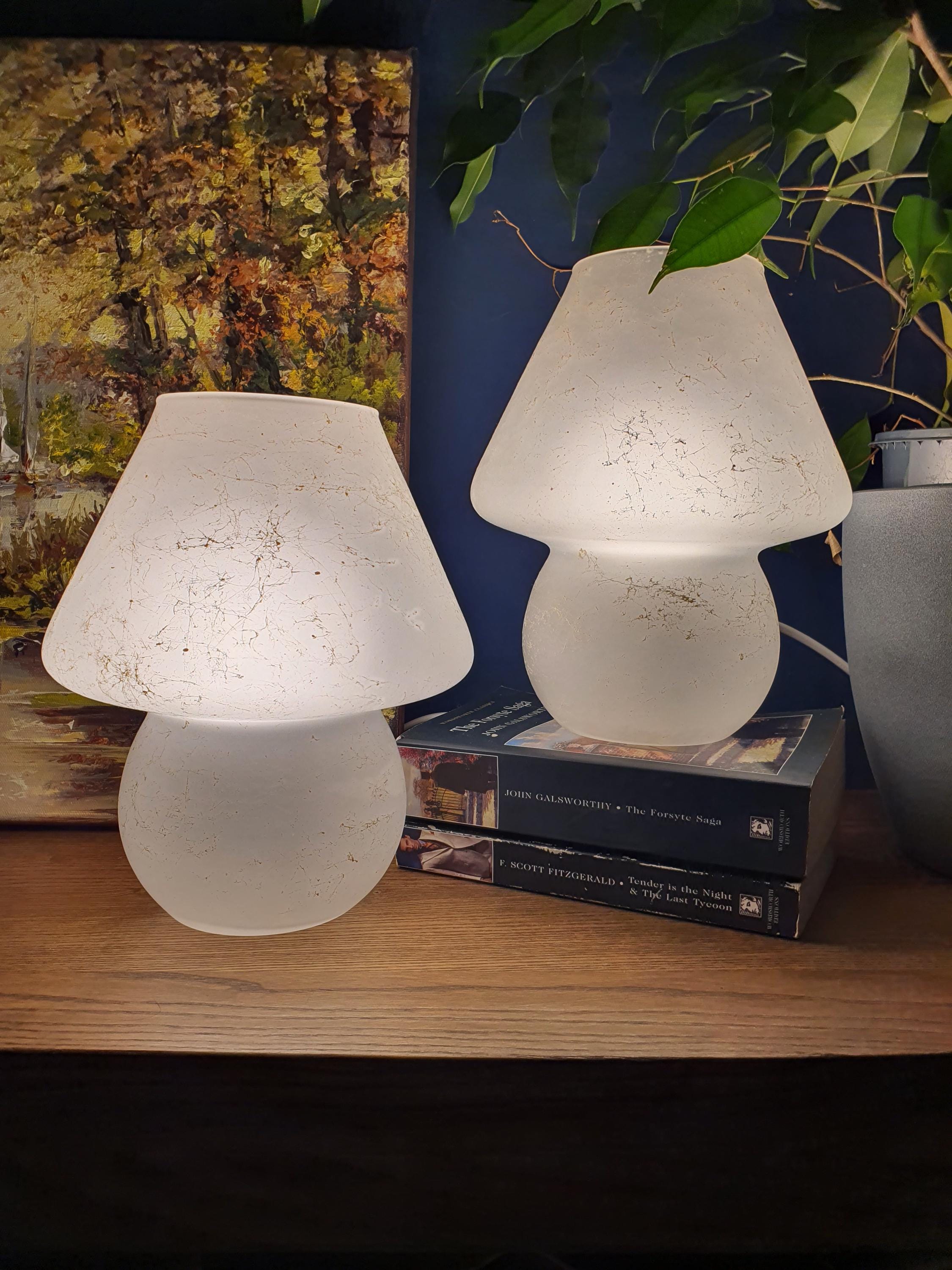 Pair of Vintage Satin Murano Glass Mushroom Lamps | Frosted Italian 1980s Bedside Lighting