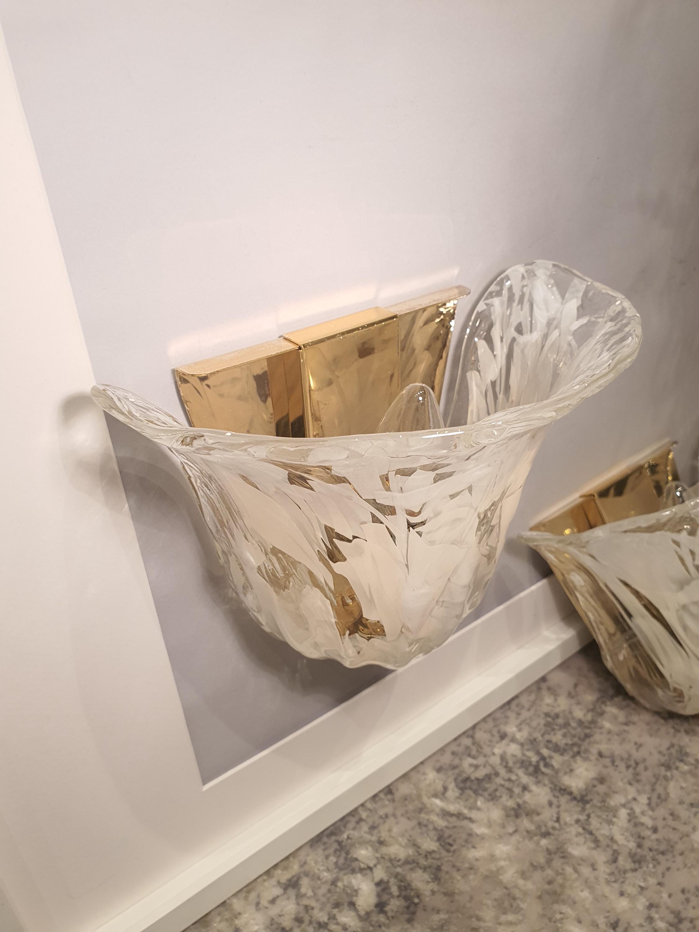 Pair of White La Murrina Floral Wall Sconces on Golden Bases | Vintage Murano Glass Organic Luxury Lighting