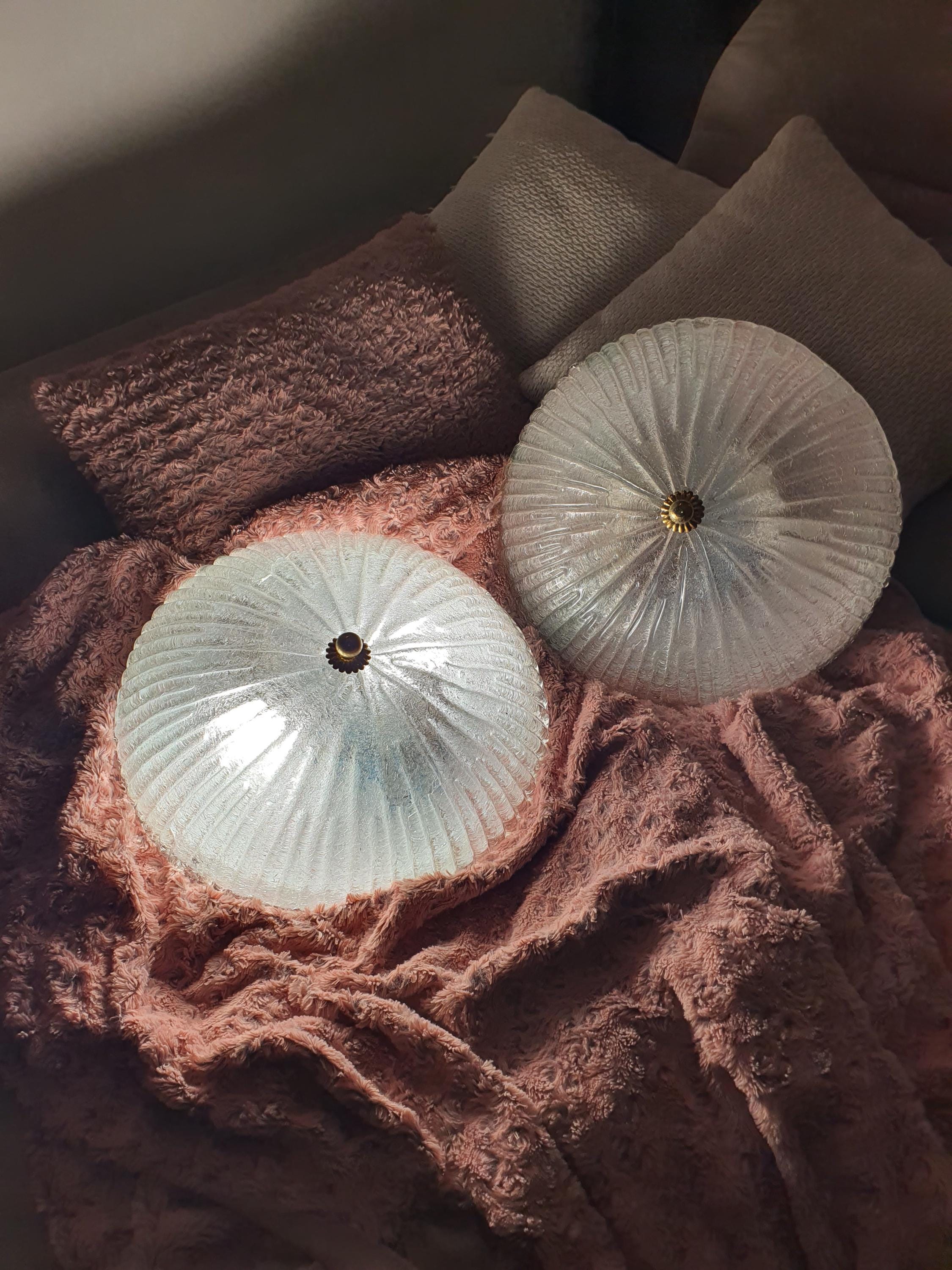 Pair of Vintage Floral Frosted Glass Flush Mount Lights - Midcentury Venetian Design