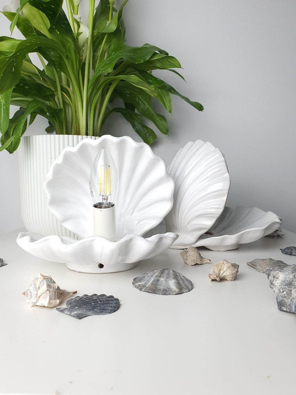 一对复古意大利白色陶瓷贝壳造型床头灯