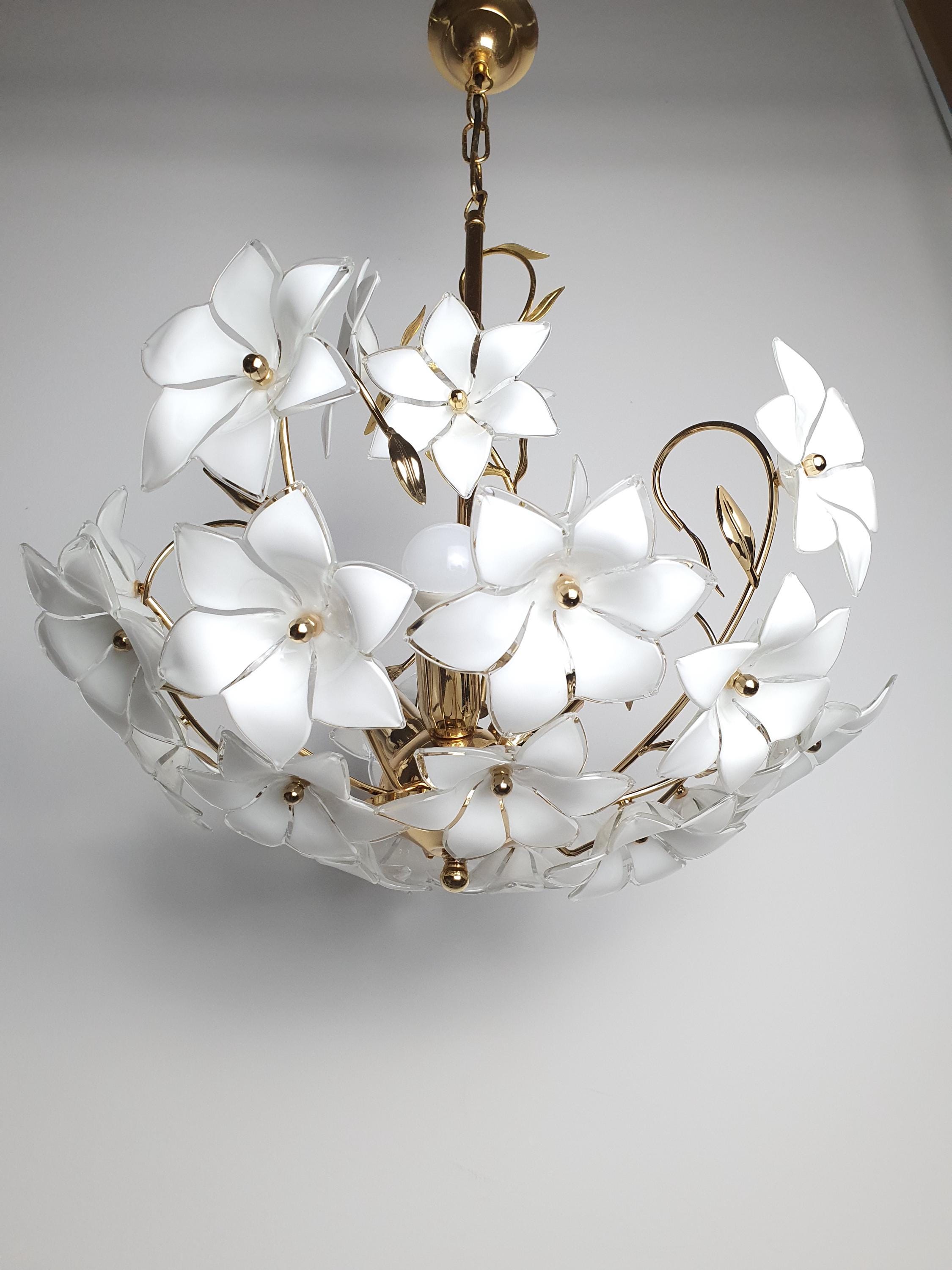 Vintage Murano Glass White Floral Chandelier | Dining Area Hollywood Regency Lighting
